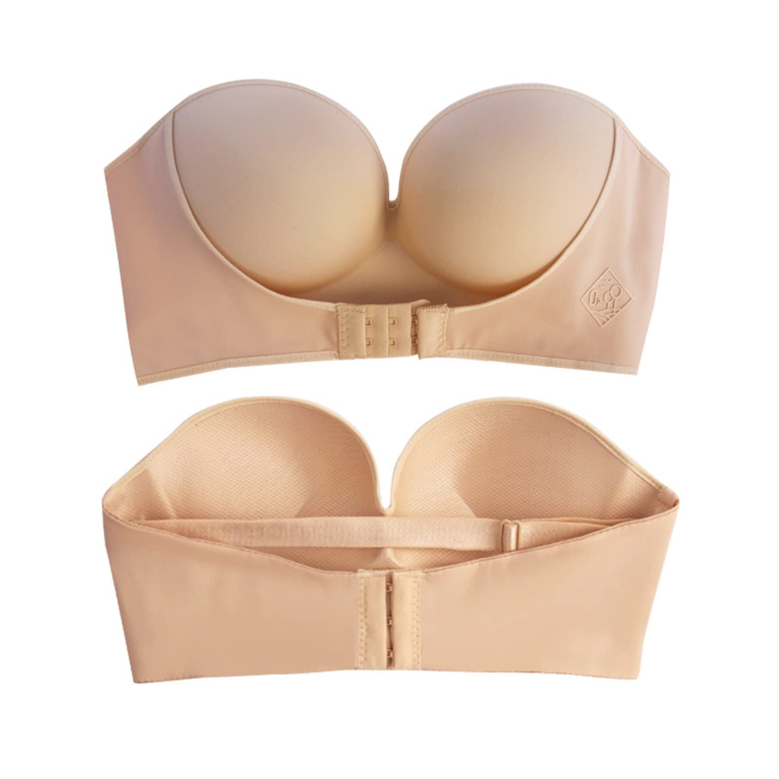 Strapless Invisible Push Up Bra for Women - Seamless Bandeau Wireless Half Cup Bra - Backless Lingerie for Dresses & Evening Wear (Beige, 70/32B) - Perfect for Weddings, Parties & Special Occasions