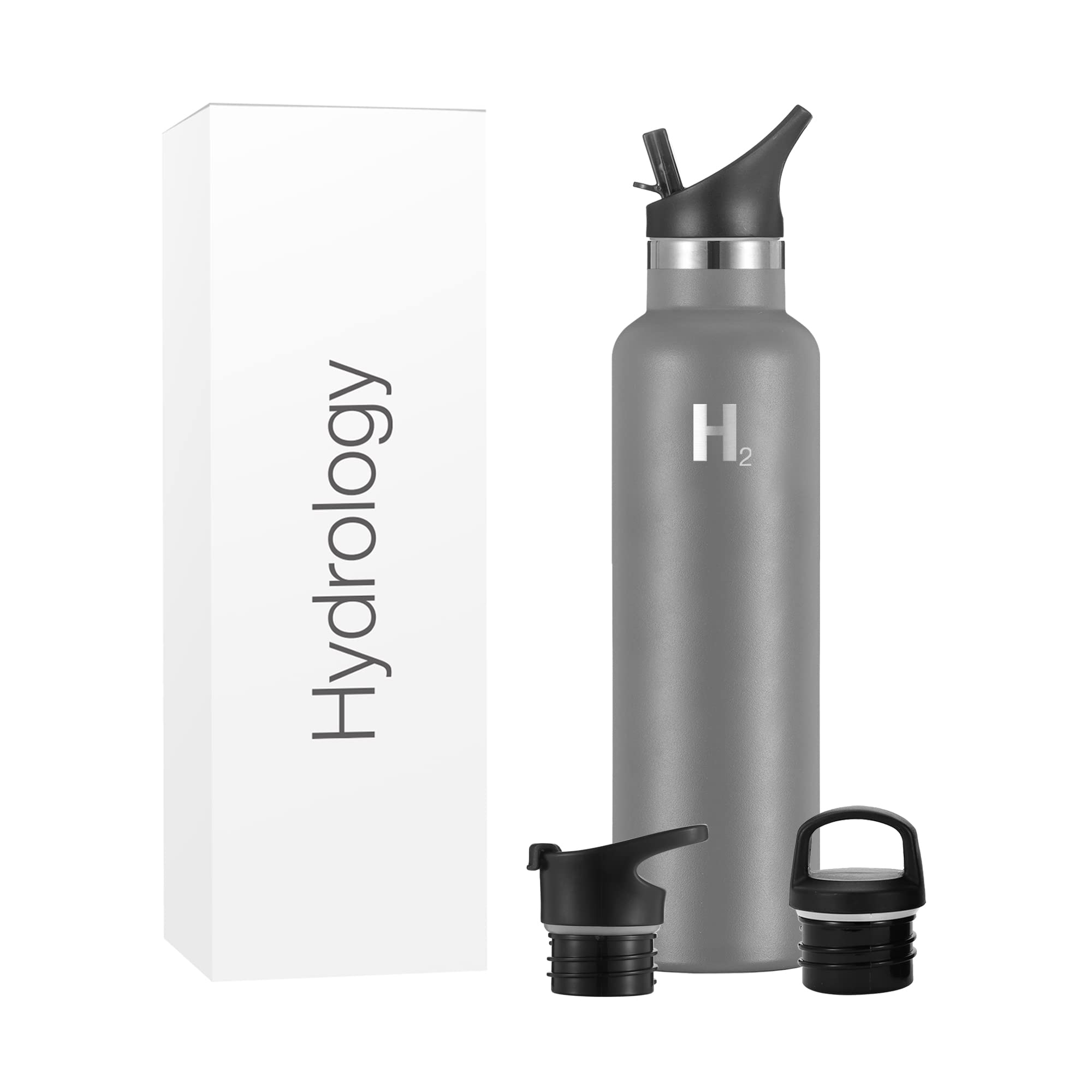 H2 Hydrology Narrow Mouth Stainless Steel Water Bottle - 24 oz Vacuum Insulated Double Wall Metal Bottle for Hot & Cold Drinks - Includes 3 Lids (Graphite) - Perfect for Gym, Hiking, Travel & Outdoor Activities