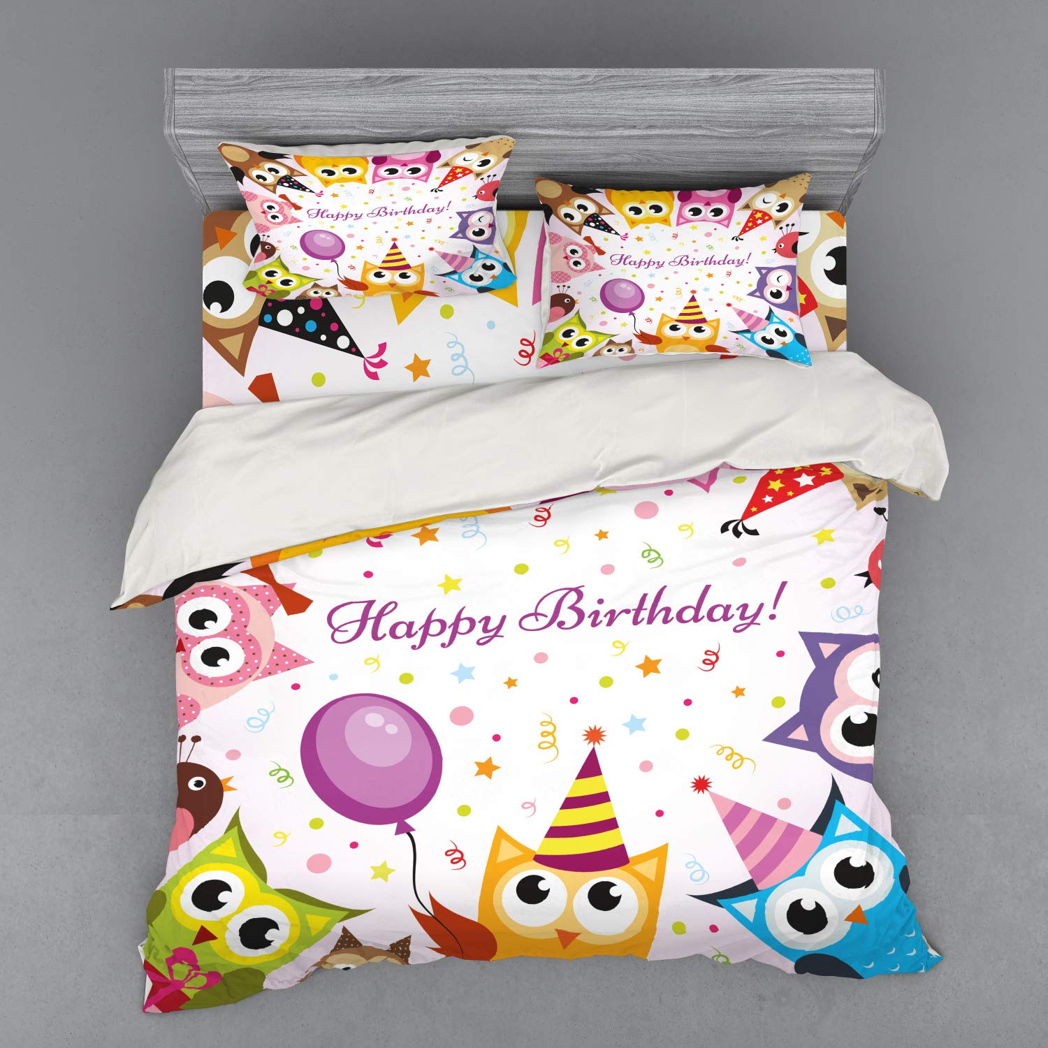 Ambesonne Owl Family Birthday Party Bedding Set - King Size 4-Piece Duvet Cover with Shams & Fitted Sheet, Colorful Celebration Theme - Perfect for Kids' Rooms, Themed Parties & Fun Bedroom Decor