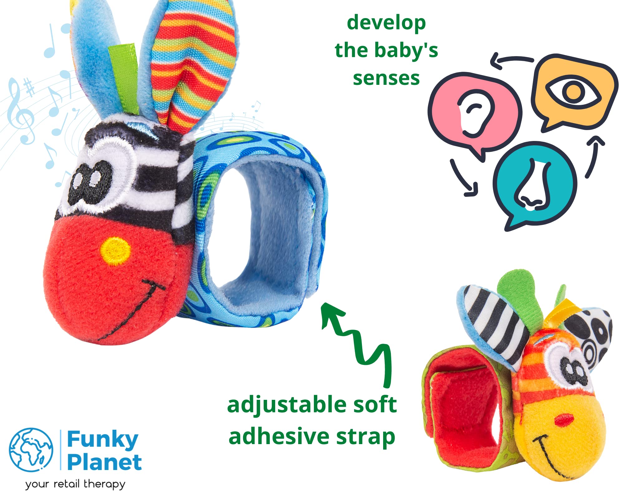 Funky Planet Sozzy Socks Baby Sensory Toys - 4pcs Soft Foot Rattles for Newborns & Infants | Developmental Hand-Foot Toys for Early Learning & Motor Skills | Perfect for Playtime, Tummy Time & Sensory Stimulation