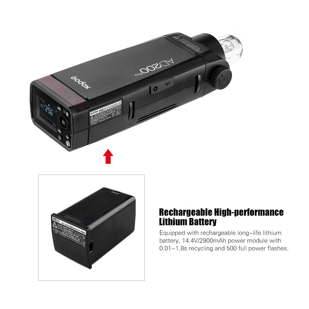 Godox AD200Pro 200WS 2.4G TTL Pocket Flash with 2900mAh Battery - HSS 1/8000s, Speedlite/Bare Bulb Strobe for Nikon, Sony, Fujifilm, Canon, Panasonic, Pentax & Olympus - Perfect for Portrait, Wedding & Studio Photography