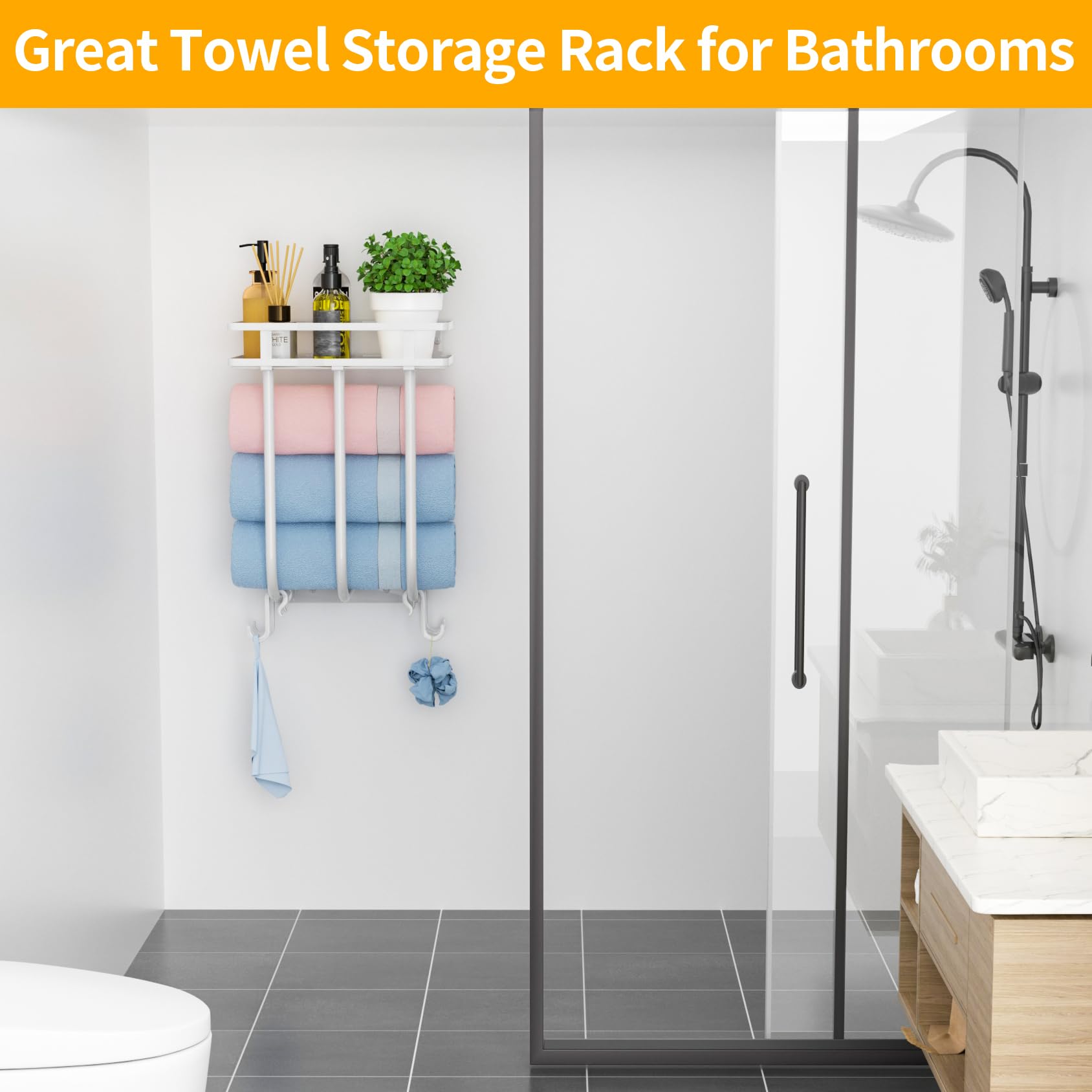 Stainless Steel Wall Mounted Bathroom Towel Rack with 4 Hooks & Shelf - Space Saving Towel Holder Organizer for Small Bathrooms (Holds 3 Large Rolled Towels, White) - Perfect for Bathroom, Laundry Room & Spa Decor