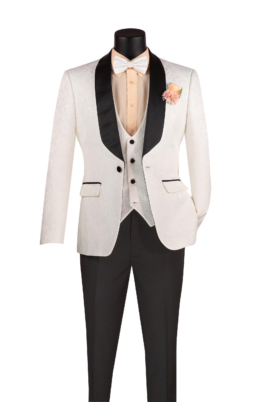 Slim Fit 3-Piece Jacquard Tuxedo Set - White & Black Vest with Single Button Jacket & Dress Pants for Men | Formal Wear, Wedding Suit, Prom & Special Occasions