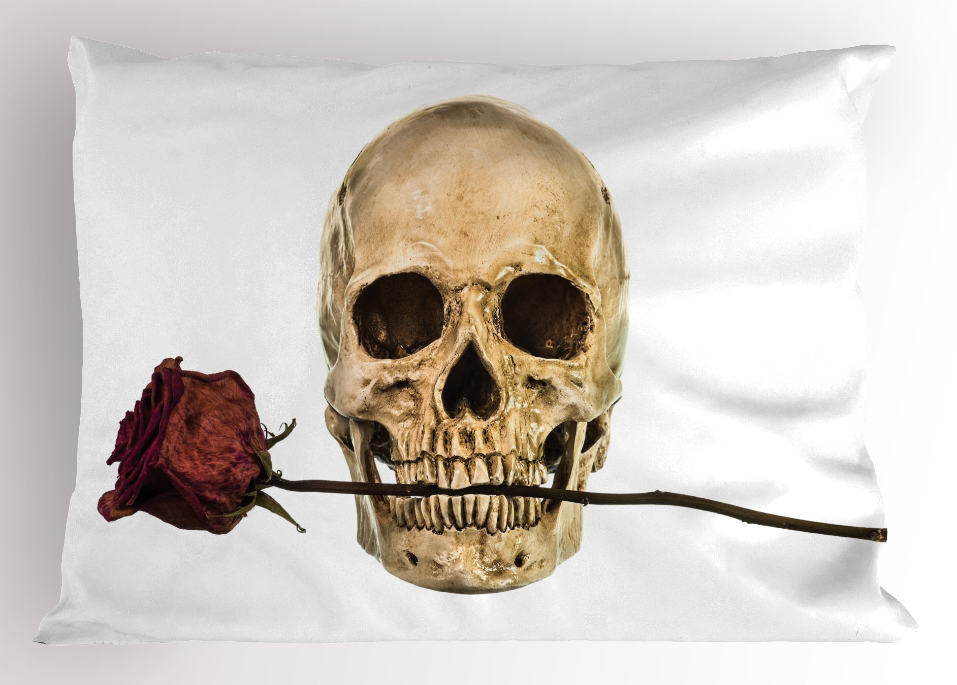 Ambesonne Gothic Skull Pillow Sham - King Size 36x20 Inches, Beige & White Halloween Decor with Dry Red Rose & Jawbone Design for Living Room, Bedroom, or Gothic-Themed Parties