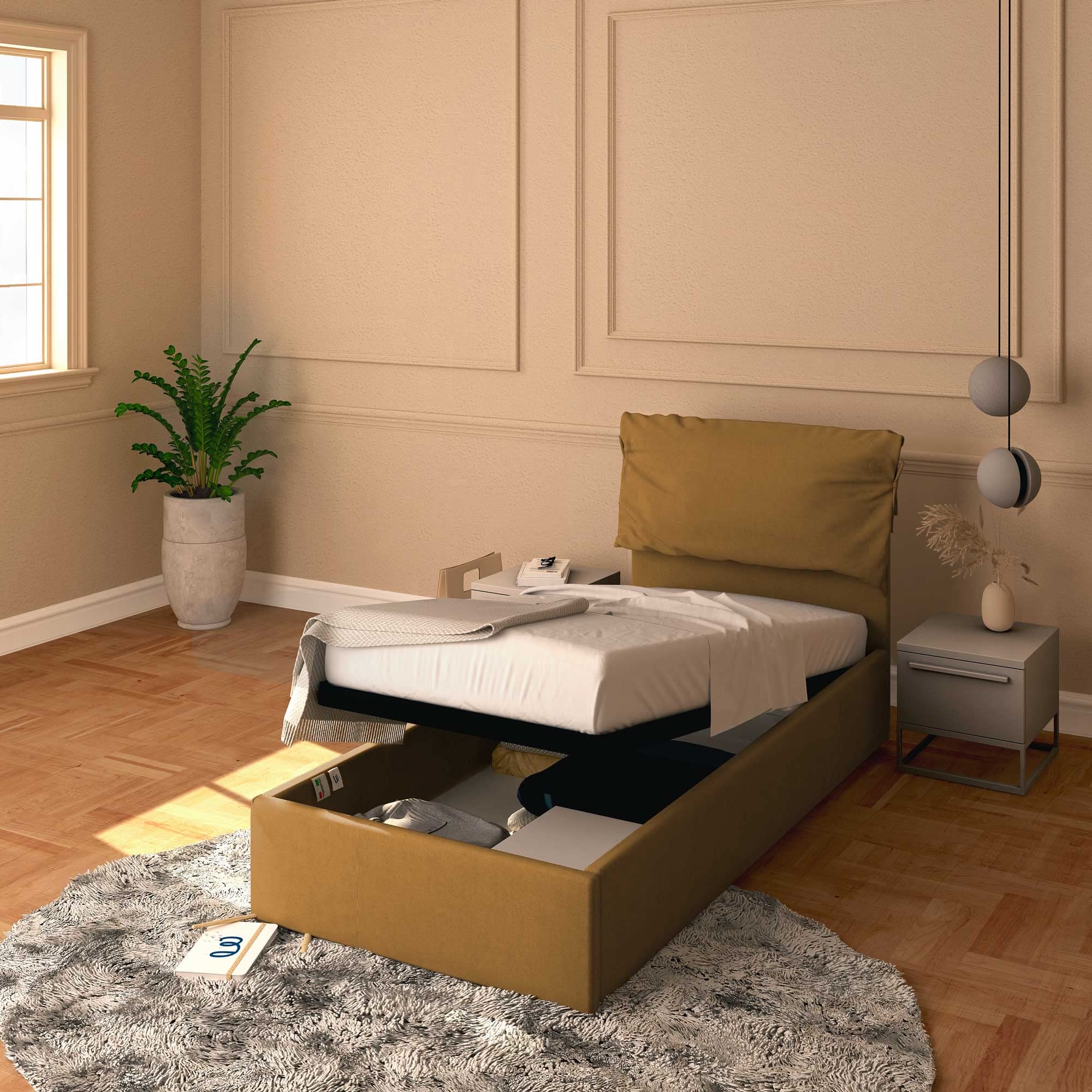 Baldiflex Single Bed with Storage - Licia Soft Faux Leather Upholstery, Slatted Base for Single Mattress, 90 x 190 cm, Padded Headboard, Hazel Color - Perfect for Small Bedrooms, Guest Rooms & Studio Apartments