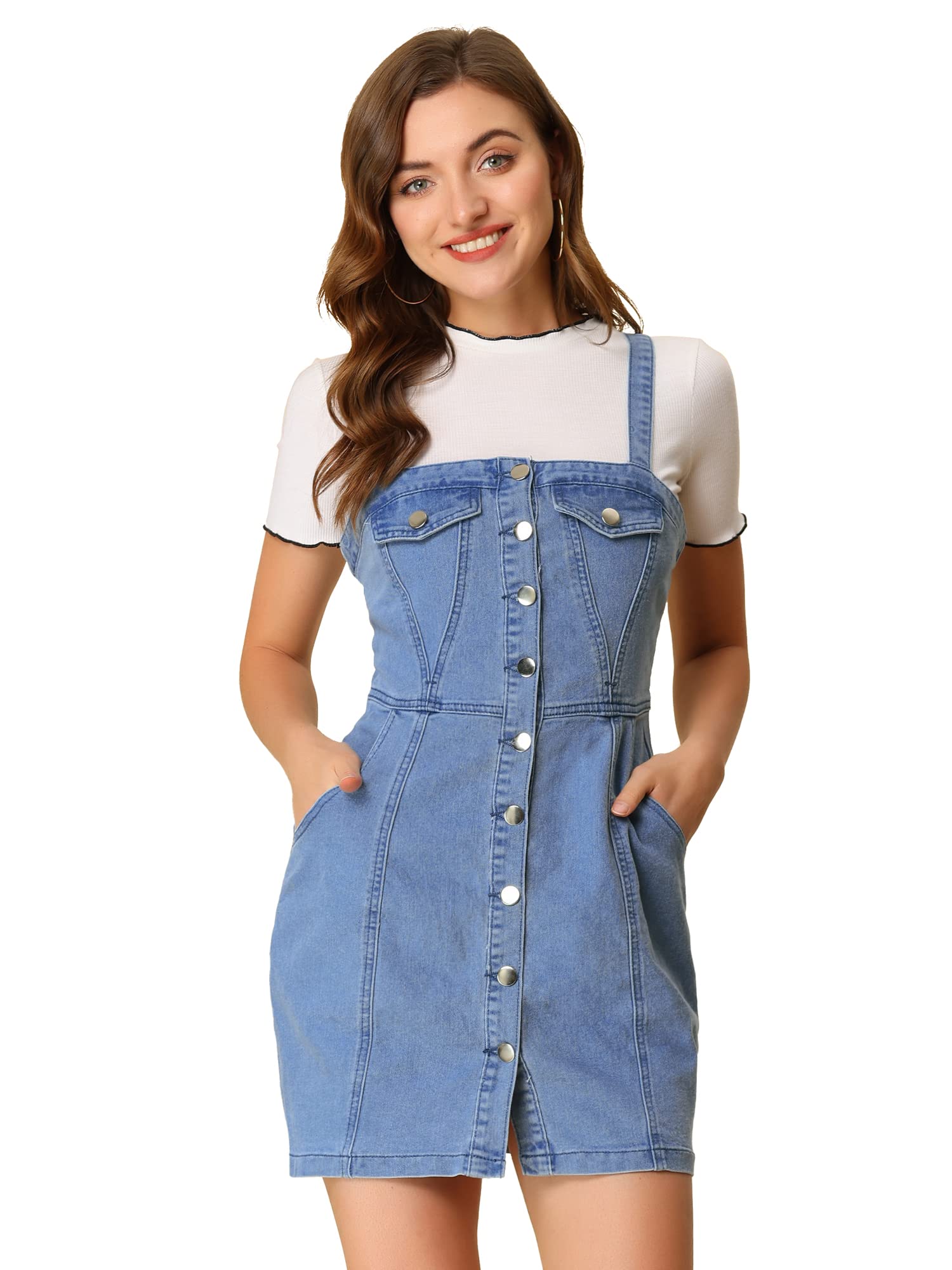 Allegra K Women's Denim Overalls Dress with Adjustable Straps & Button Front - Casual Mini Jumpsuit for Spring Outfits, Brunch Dates & Music Festivals