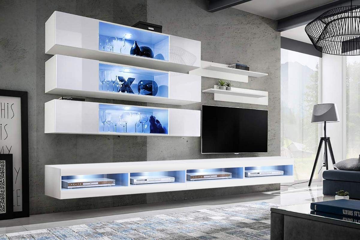 Modern White Wall-Mounted TV Stand with Storage Shelves & LED Lights - 34
