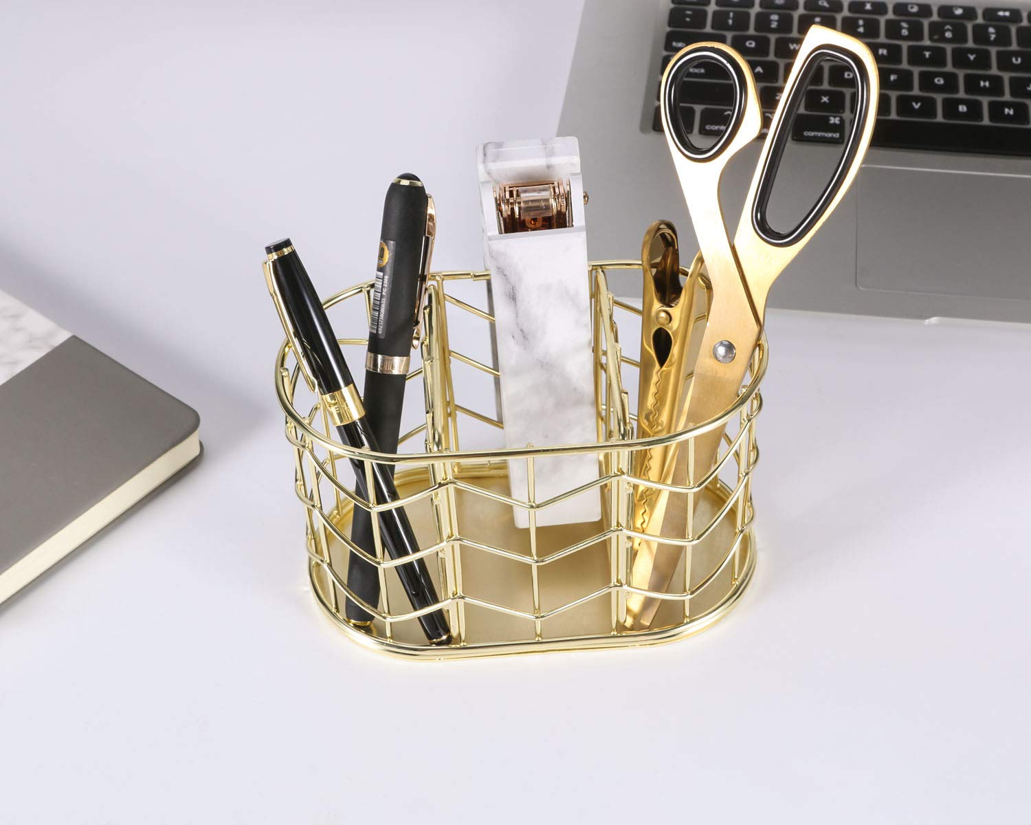 Nugorise 3-Compartment Metal Pen Holder - Gold Desk Organizer for Pencils, Pens & Stationery - Perfect for Office, School & Home Workspace Organization