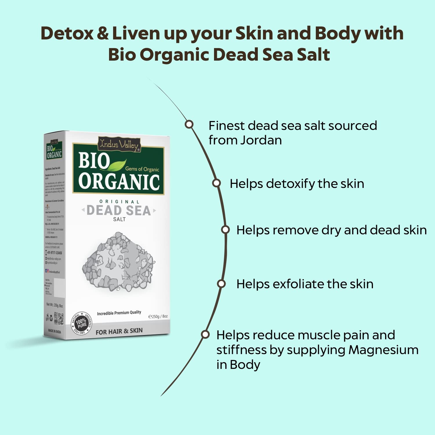 INDUS VALLEY Bio Organic 100% Natural Dead Sea Salt for Skin Healing, Hydration & Exfoliation - 250g - Spa, Bath & Relaxation Therapy