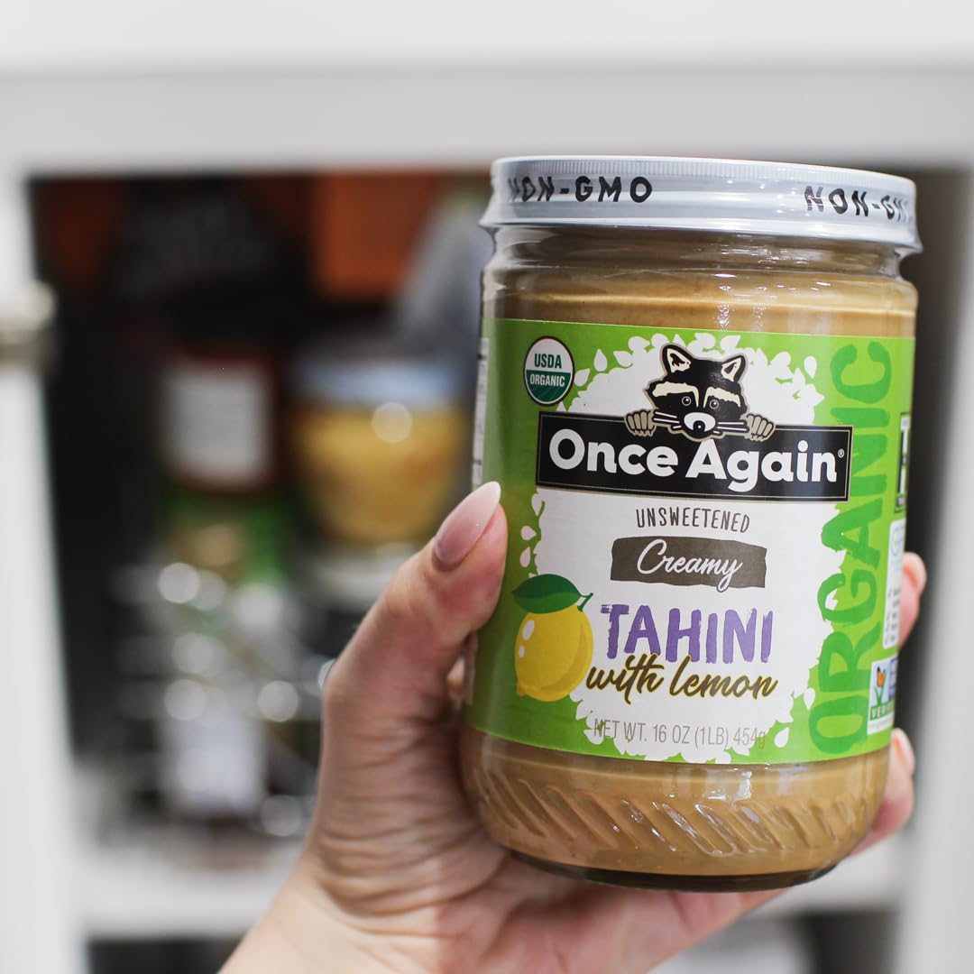 Once Again Organic Sesame Tahini with Lemon, 16oz - Salt Free, Unsweetened, USDA Organic, Gluten Free, Vegan, Kosher, Peanut Free - Creamy Middle Eastern Sesame Paste for Hummus, Salad Dressing & Baking - Glass Jar