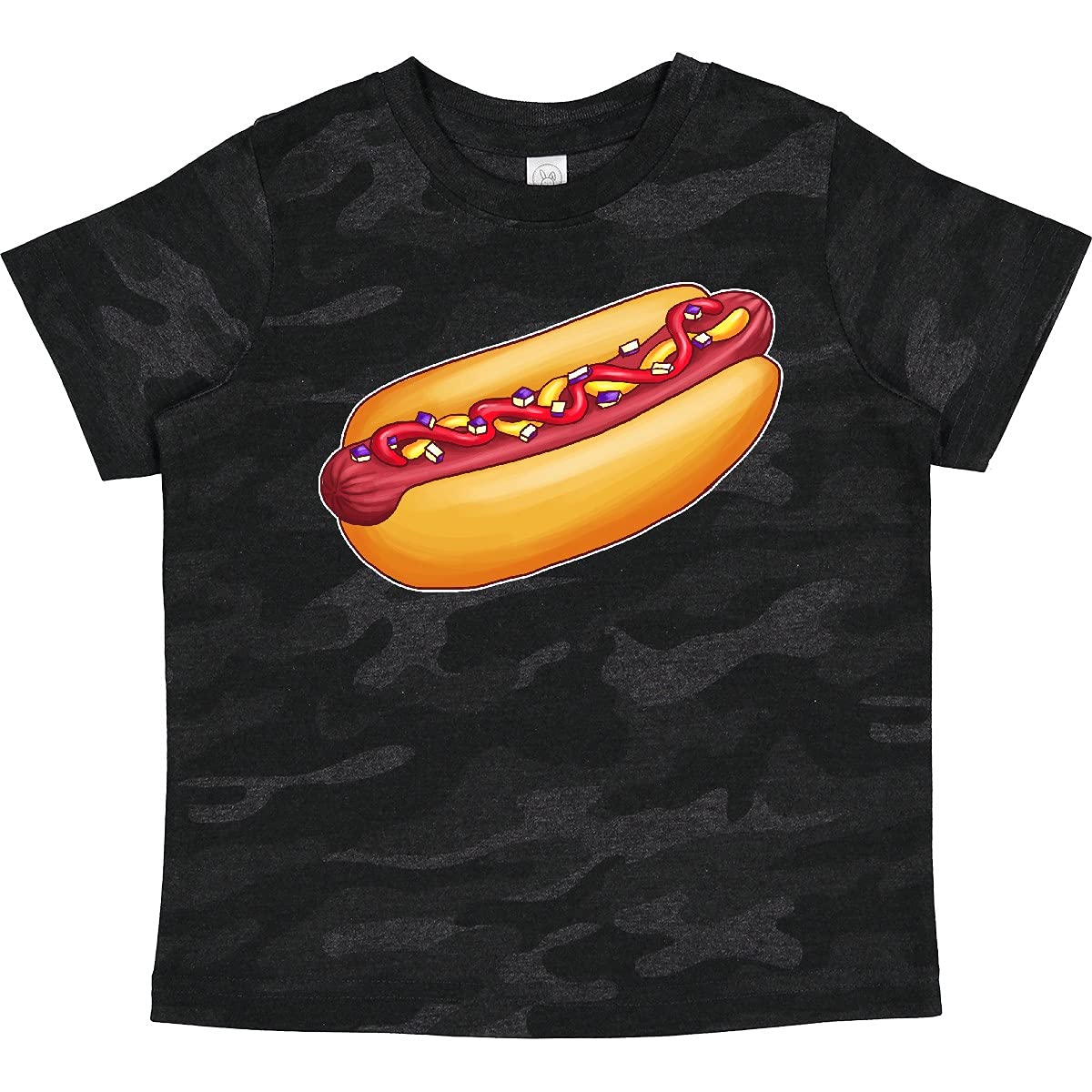 Inktastic Hot Dog Graphic Toddler T-Shirt with Mustard, Onions & Ketchup - Cute Foodie Outfit for Toddler Boys & Girls | Playdates, Birthday Parties & Family BBQ Events