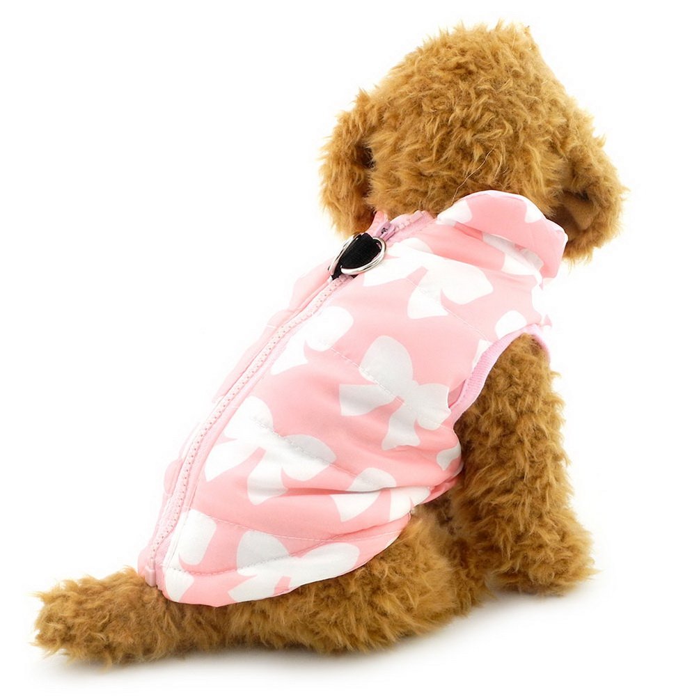 SELMAI Winter Dog Coat with Harness Hole - Pink Bow Print Small Dog Jacket for Cold Weather, Walking & Outdoor Activities