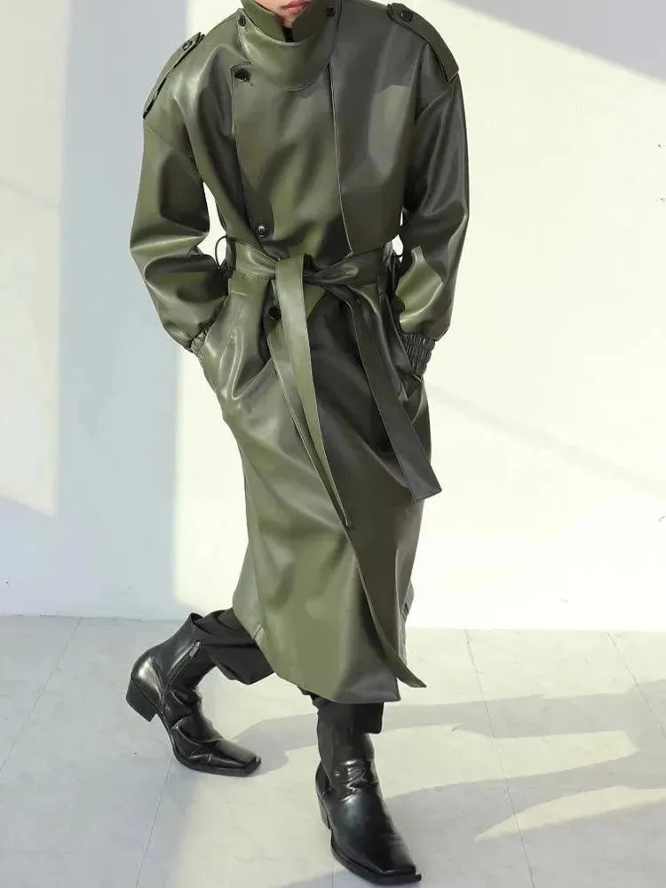 Men's Casual Belted Leather Overcoat - Stylish Winter Trench Coat for Business & Outdoor Wear