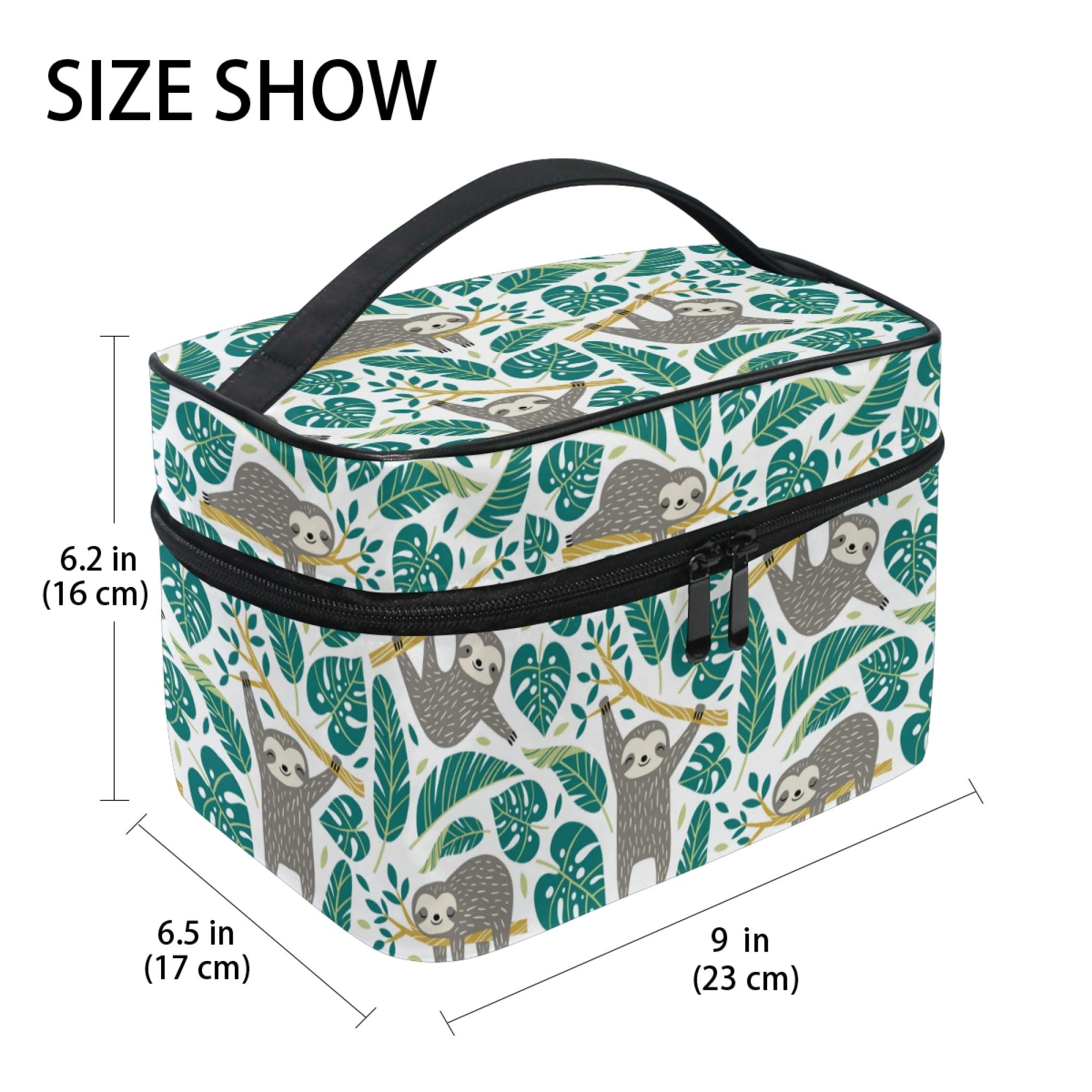 Cute Sloths & Tropical Palm Leaves Makeup Bag - Waterproof Travel Cosmetic Organizer for Women, Girls, Ladies - Perfect for Vacation, Gym, Beach & Daily Use