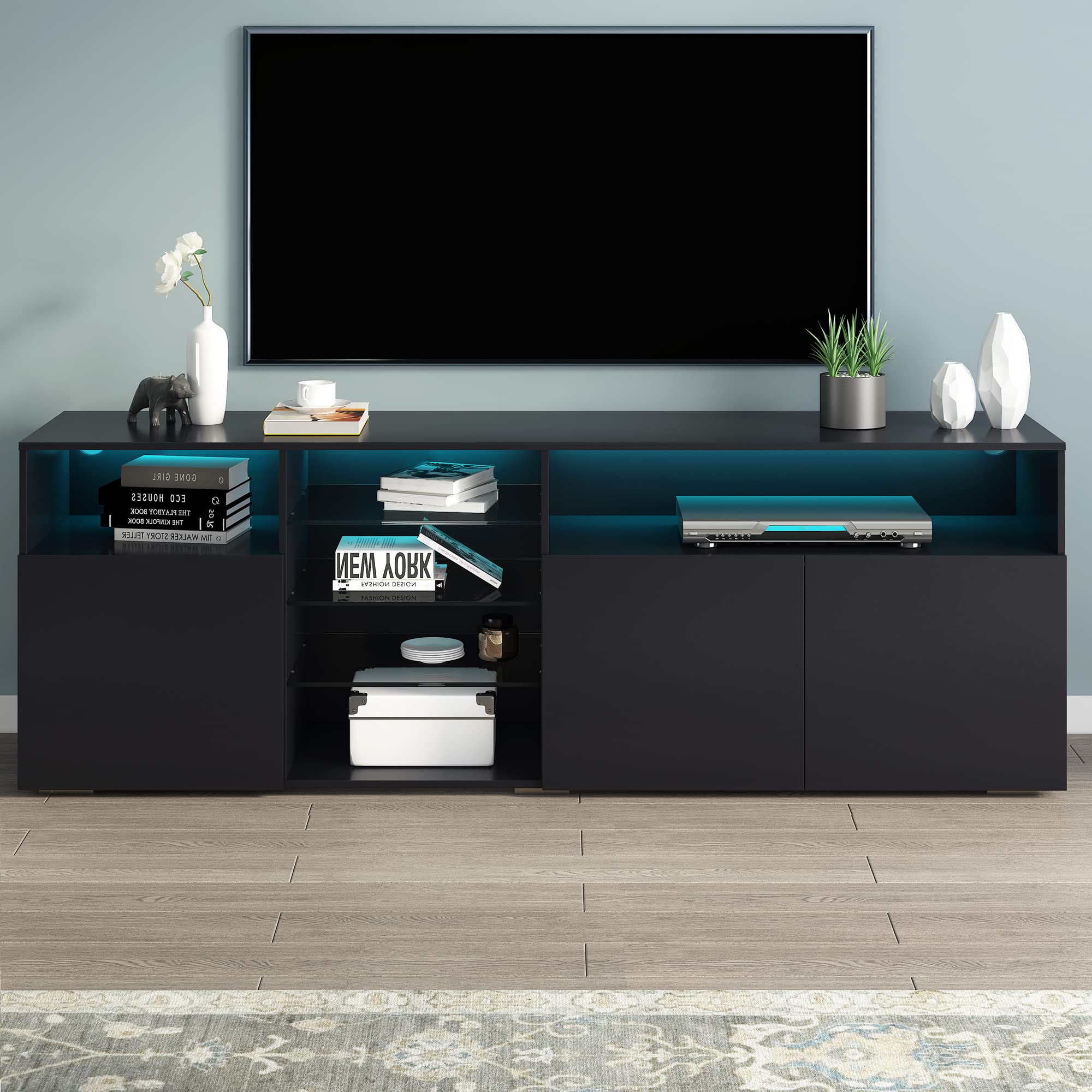 Modern Stylish Functional TV Stand with Color Changing LED Lights - Universal Entertainment Center for 70+ Inch TVs - High Gloss Black TV Cabinet - Perfect for Living Room, Home Theater & Gaming Setup