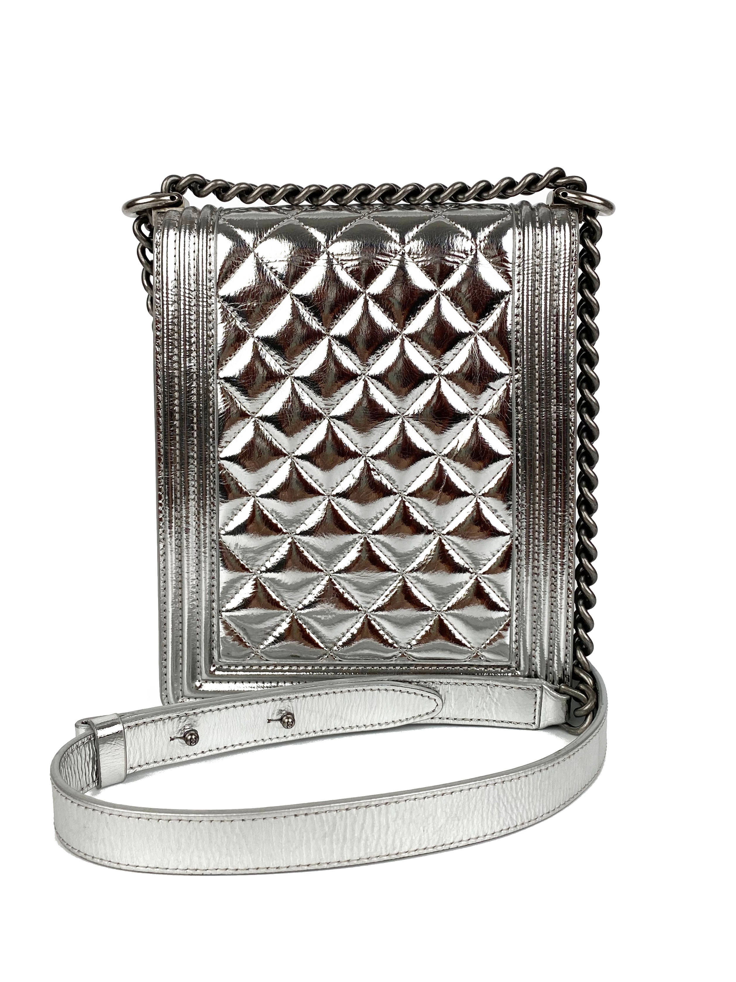 Chanel North South Silver Boy Bag - Luxury Designer Crossbody Bag for Women | Perfect for Evening Parties, Date Nights & Special Occasions