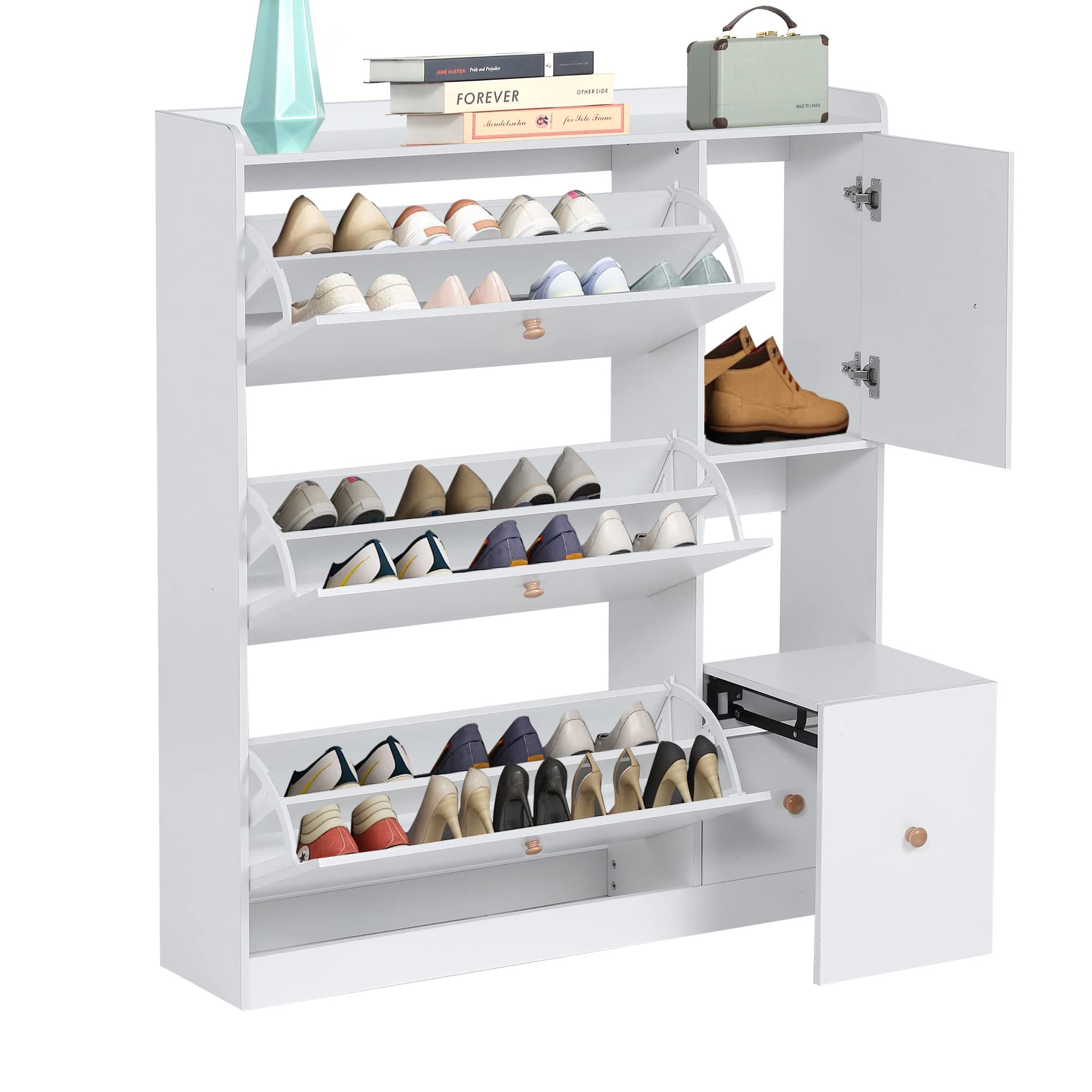 DEYAOPUPU 3-Tier Shoe Cabinet with Flip Drawers & Hidden Seat - Entryway Shoe Storage Organizer for Pumps, Slippers, Boots - Perfect for Small Spaces, Hallway, Closet & Apartment Organization
