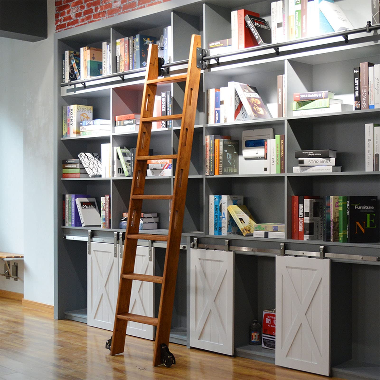 3.3ft-20ft Rustic Black Steel Round Tube Sliding Barn Ladder Track Kit - Complete Rail System for Library, Loft & Home Use (Ladder Not Included) | Durable Rolling Ladder Hardware for Indoor Spaces, Bookshelves & Storage Areas