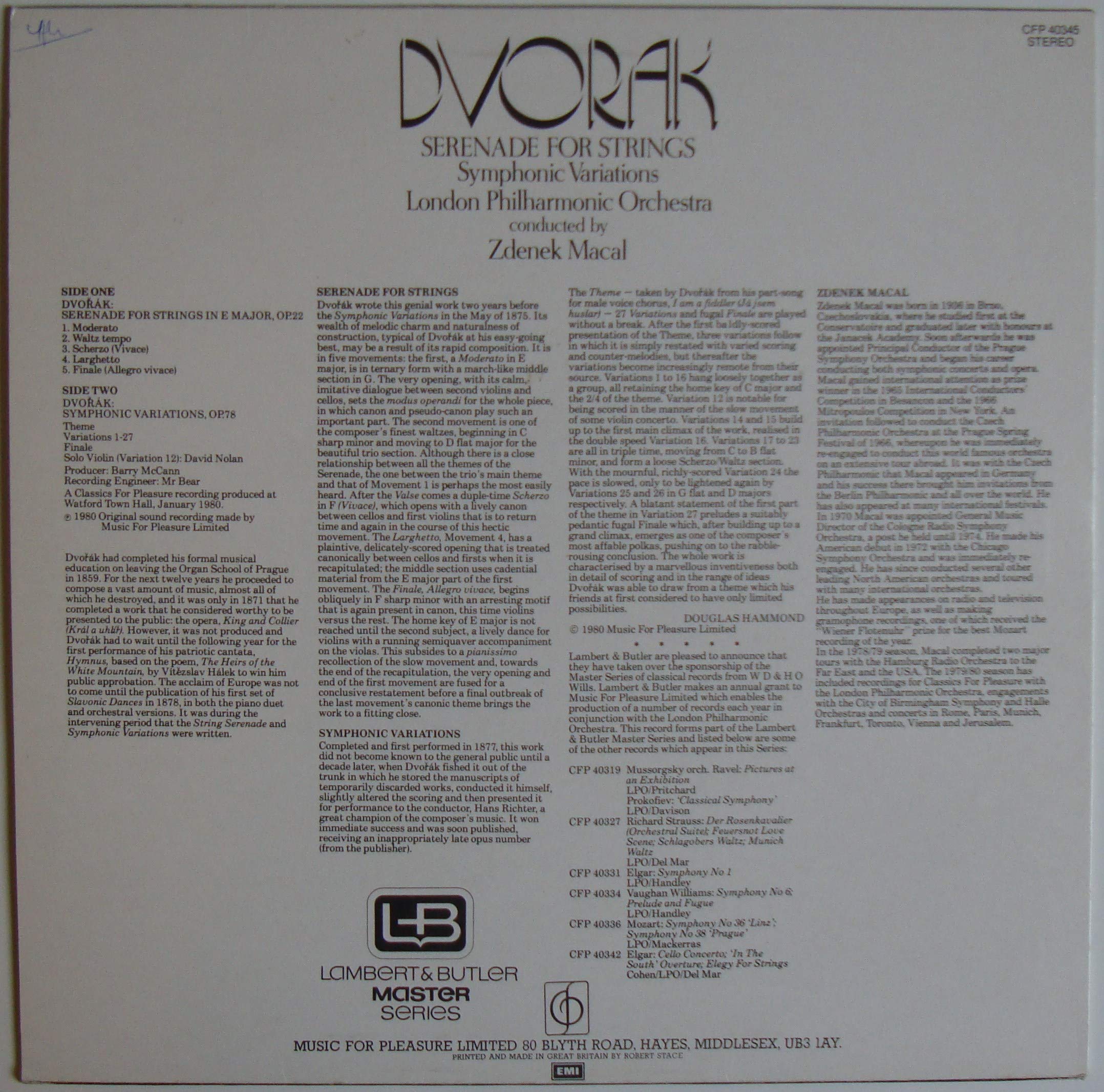Dvorak Serenade for Strings by Zdenek Macal & London Philharmonic Orchestra - CFP 40345 LP Record | Classical Music for Relaxation, Dinner Parties & Home Decor