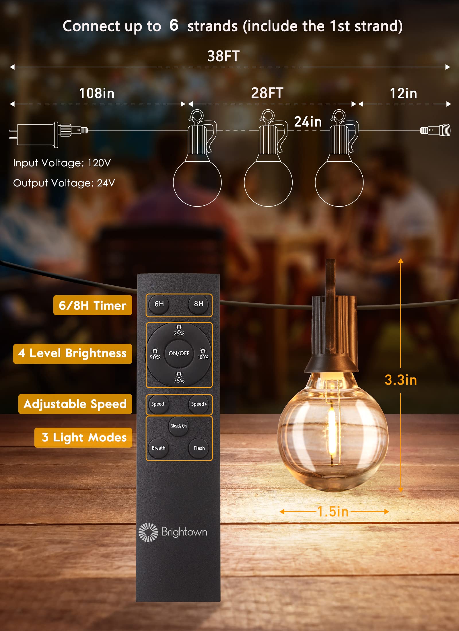 G40 Outdoor String Lights LED 38Ft (28+10) with Remote Control - 16 Shatterproof LED Bulbs (1 Spare) - Waterproof Globe Hanging Lights for Backyard, Pergola, Bistro, Yard, Garden & Patio Decor - E12 Socket 2700K Warm White - Perfect for Weddings, Parties & Outdoor Dining