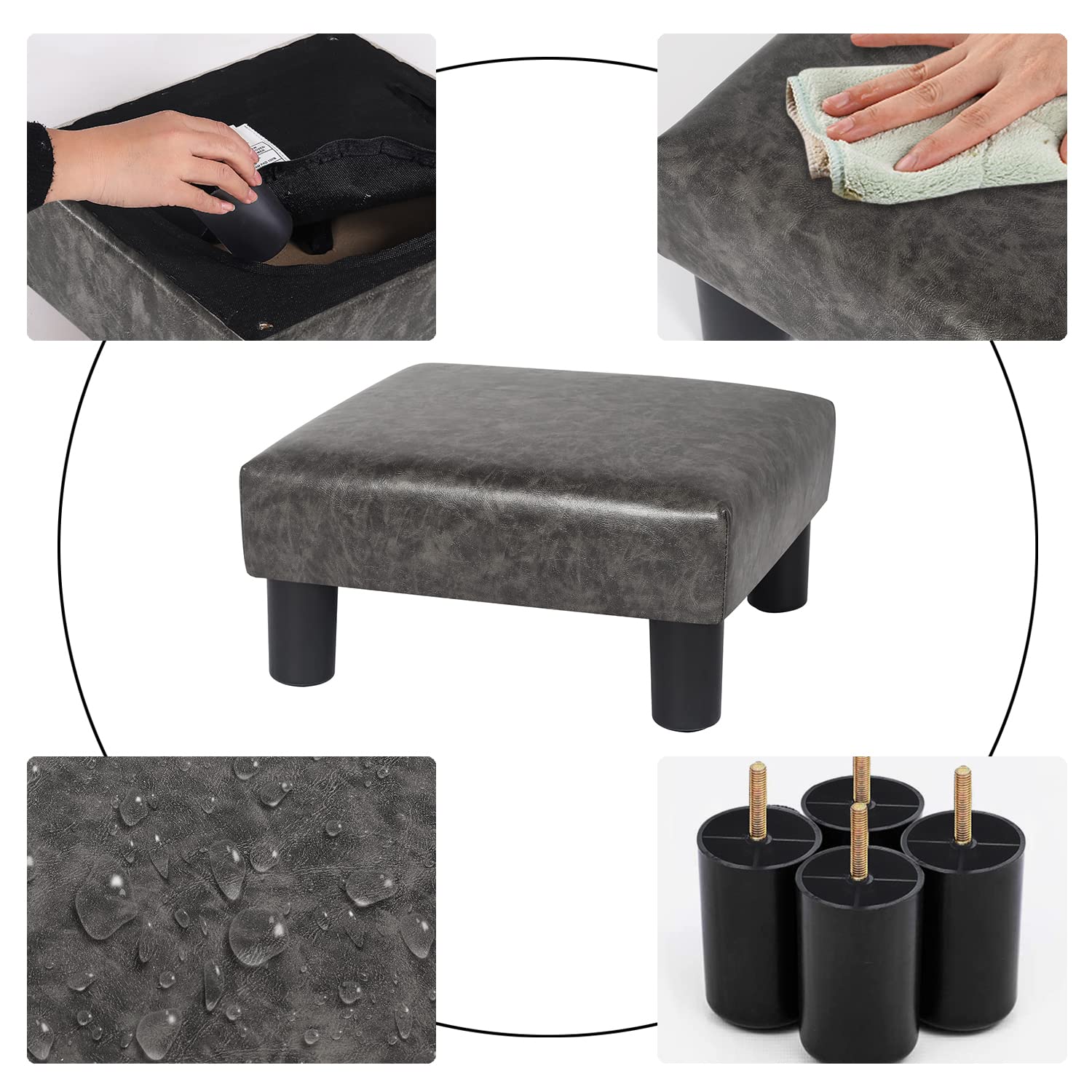 Joveco Small Square Footstool Ottoman - PU Leather Footrest Stool with Padded Seat, Modern Accent Chair for Living Room, Bedroom, Couch - Perfect for Pets & Home Decor (Gray) - Great for Relaxing, Reading & Adding Stylish Comfort