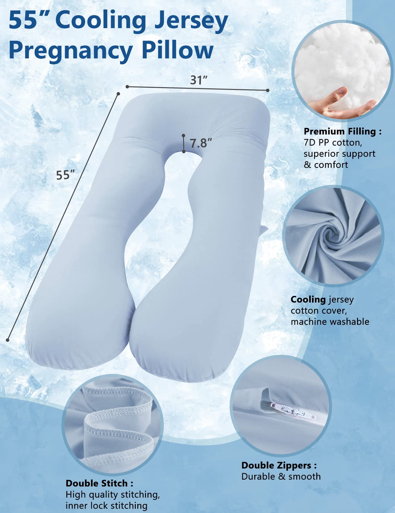 Meiz Cooling Pregnancy Pillow for Sleeping - Maternity Body Pillow with Jersey Cotton Cover for Pregnant Women (Blue) | Comfortable Support for Side Sleepers & Back Pain Relief During Pregnancy
