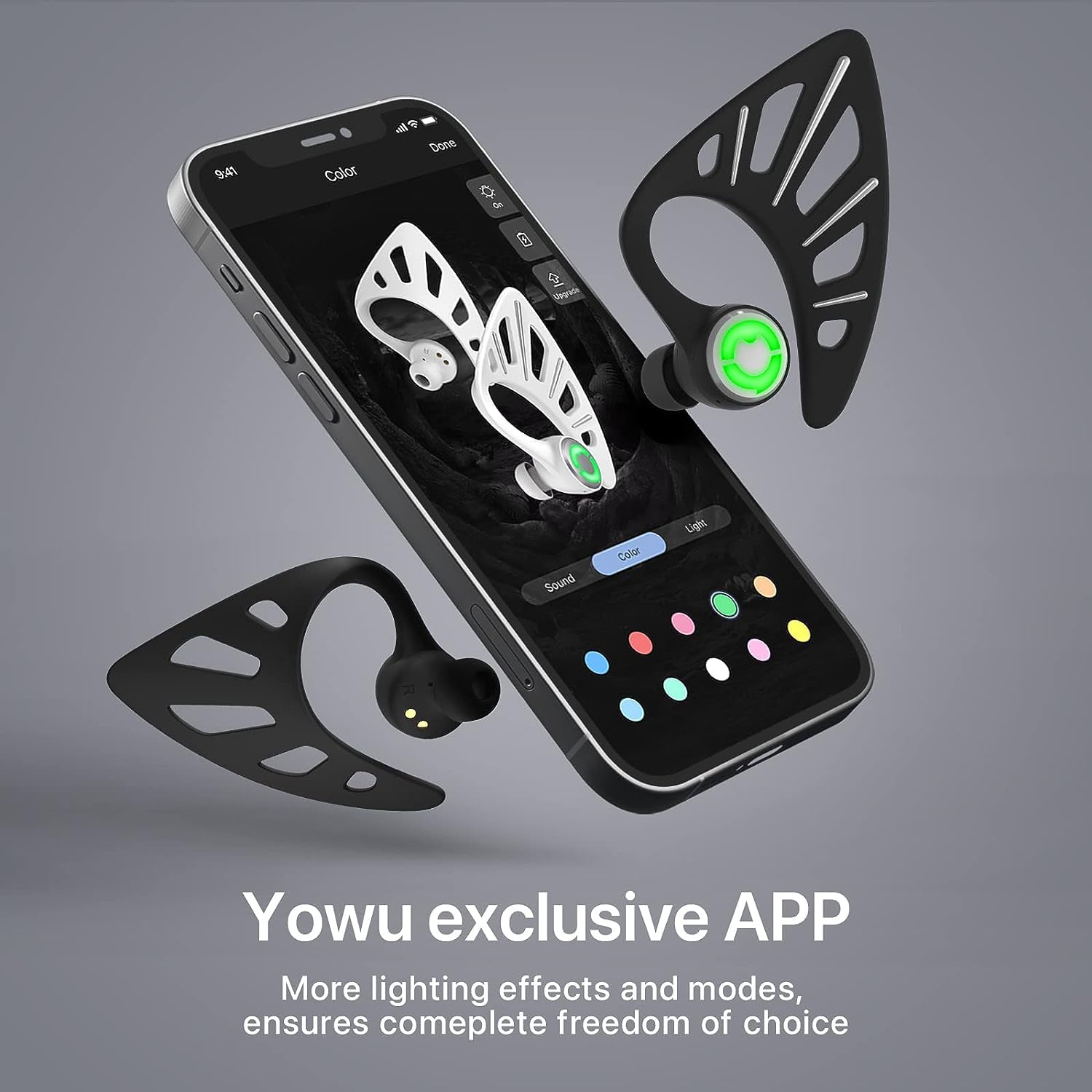 Wireless Bluetooth 5.0 Earbuds with Elf Ear Design - 10 RGB Color LED Lights, App Control, IPX4 Waterproof, 24H Playtime with Charging Case - Perfect for Gaming, Cosplay & Gift (Black)