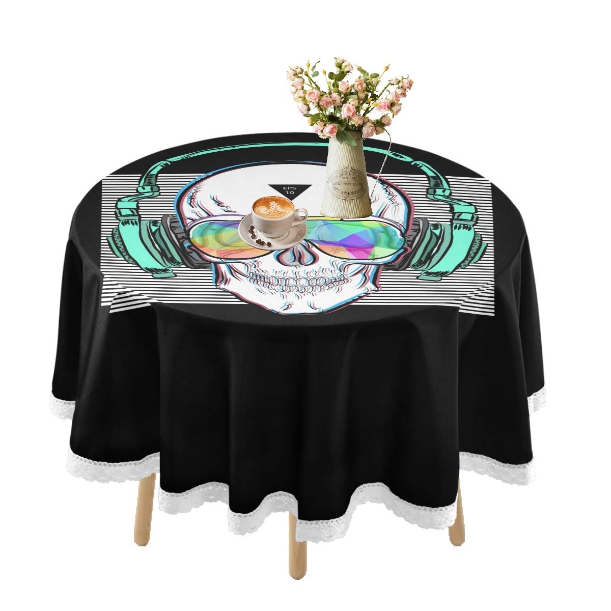 Waterproof Round Tablecloth 60 Inch - Skull Glasses & Headphones Design, Lace Trim Farmhouse Table Cover for Outdoor Dining, Picnic, Kitchen Parties & Holiday Decorations | Durable & Stylish for Home, Restaurant & Event Use