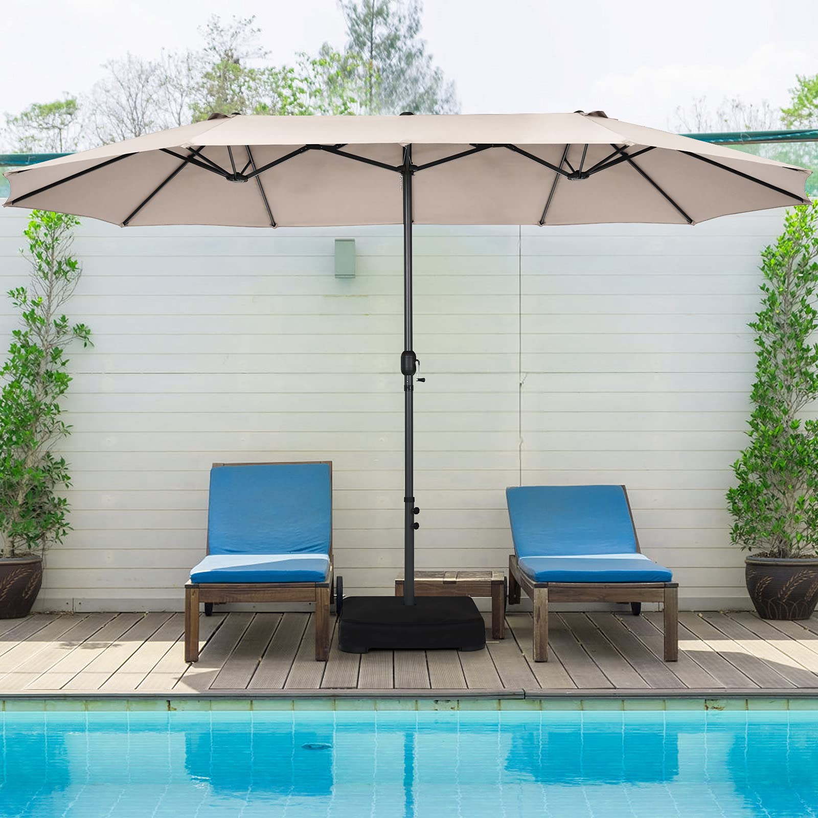 Tangkula 15FT Double-Sided Outdoor Patio Umbrella with Hand-Crank System - Extra Large Market Umbrella with 12-Rib Structure & Reinforced Base - Perfect for Garden, Poolside, Restaurant, and Commercial Outdoor Spaces (Beige)