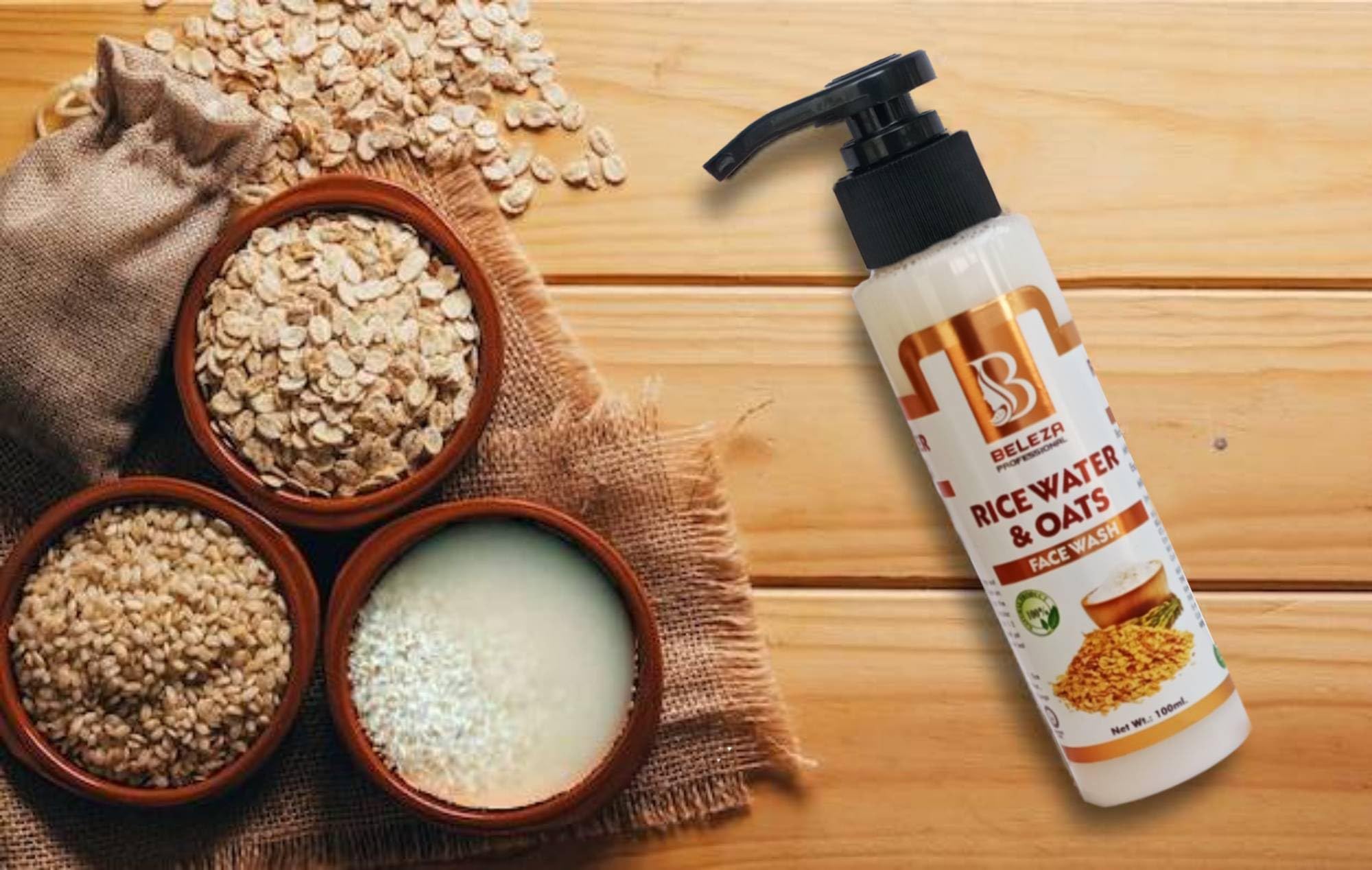 Beleza Professional Rice Water & Oats Face Wash for Younger Looking Bright Skin Tone - 200ml | Gentle Cleanser for Daily Skincare Routine, Anti-Aging & Glow Boosting | Perfect for Morning & Night Use