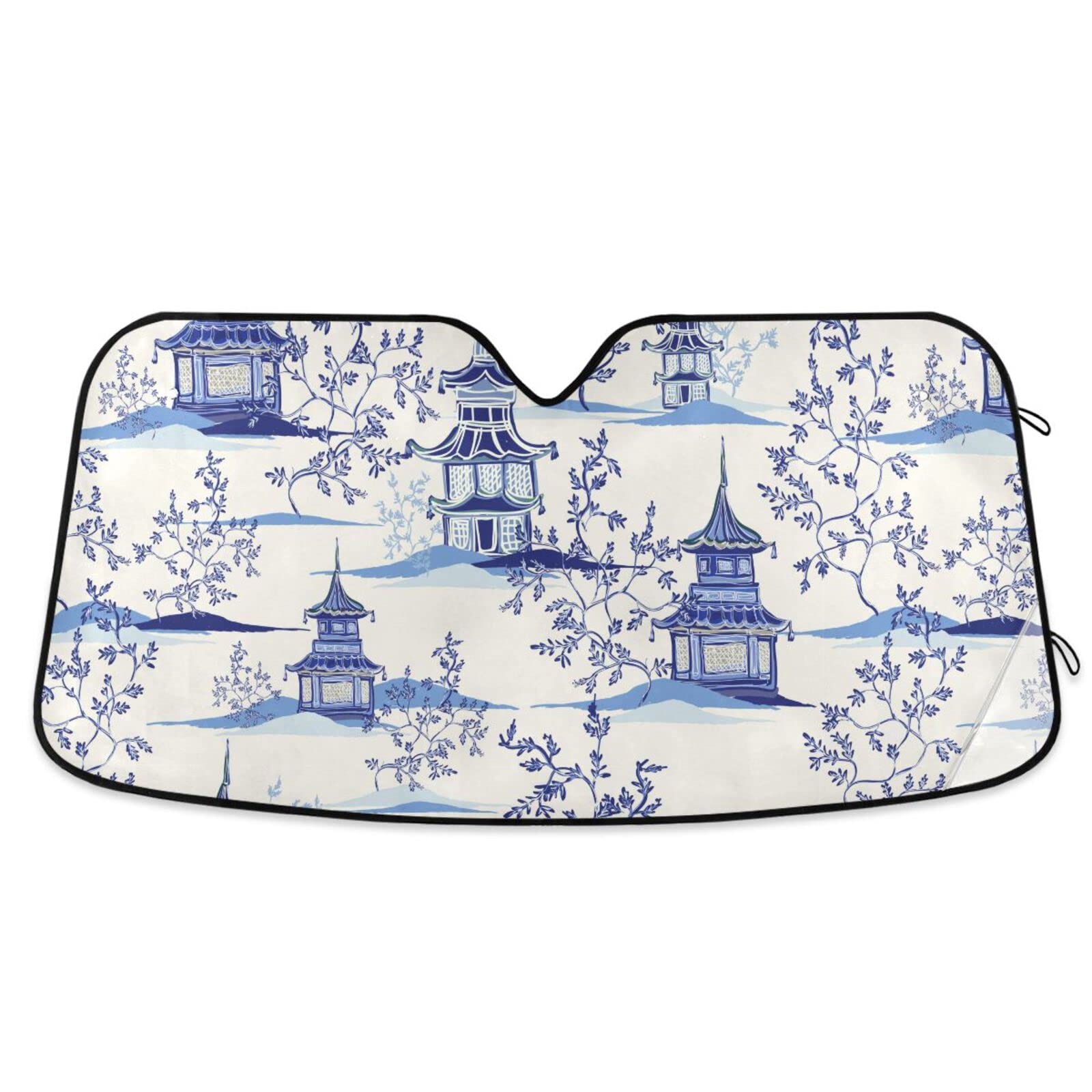 Boccsty Ink Chinese Pagodas Mountains Car Windshield Sun Shade for SUV, Truck, Sedan - UV Protection Window Shade for Men, Women & Baby - Perfect for Road Trips, Parking & Summer Heat Protection