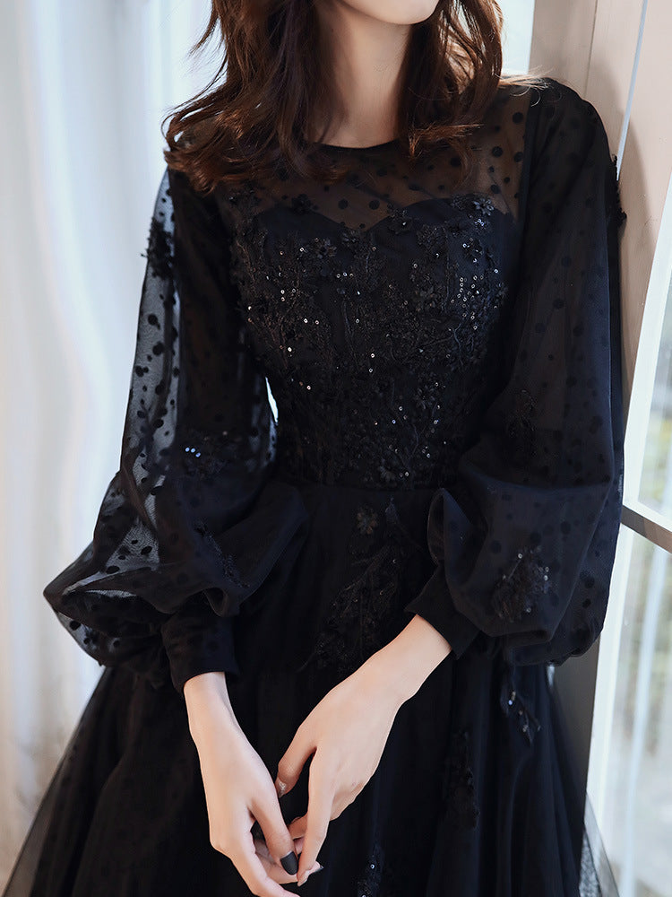Elegant French Style Black Long Prom Dress with Long Sleeves - Perfect for Evening Parties, Formal Events & Homecoming Dances