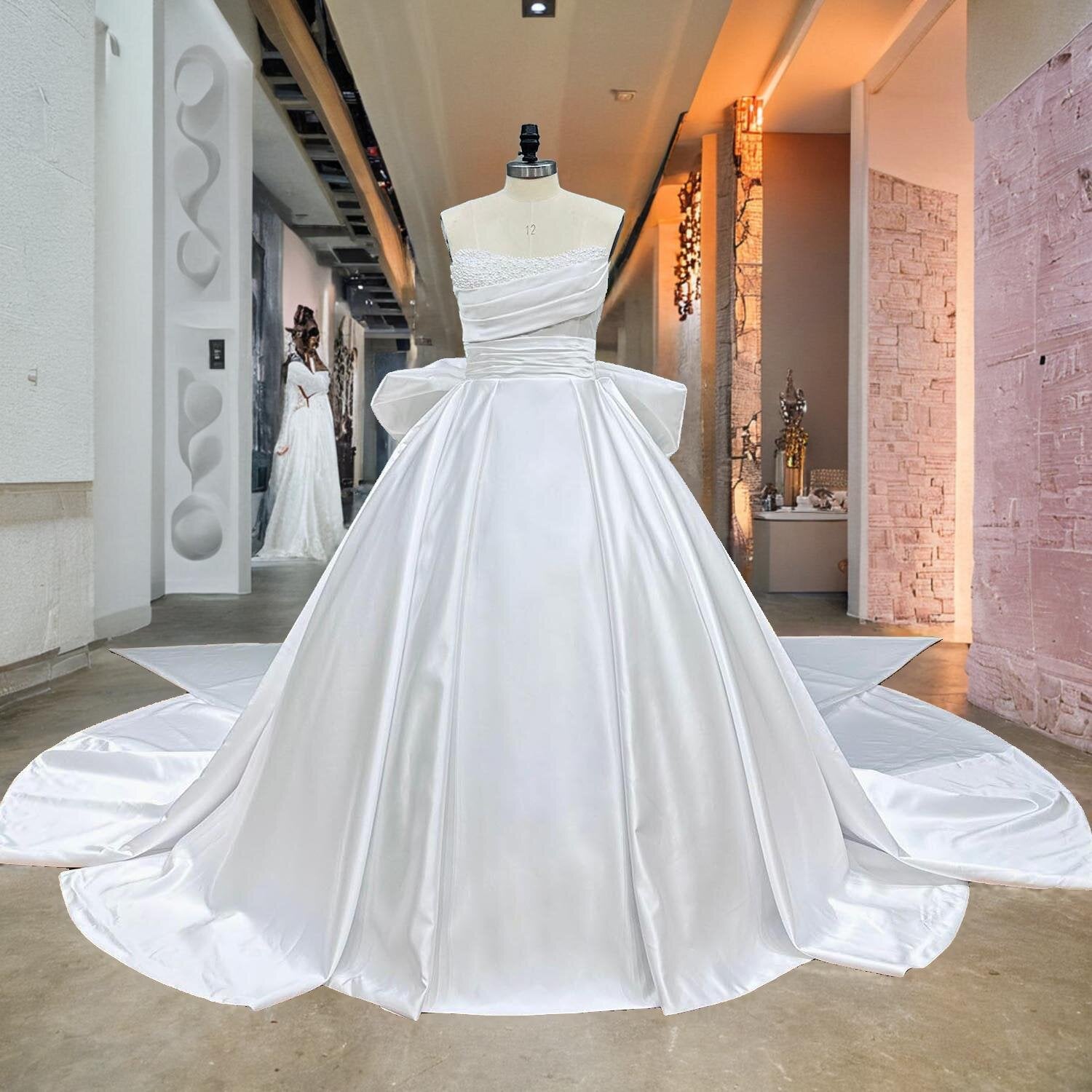 Elegant Light Effect Satin Ball Gown with Big Bow Chapel Train & Pearl Embellishments - Perfect for Weddings, Prom, and Formal Events
