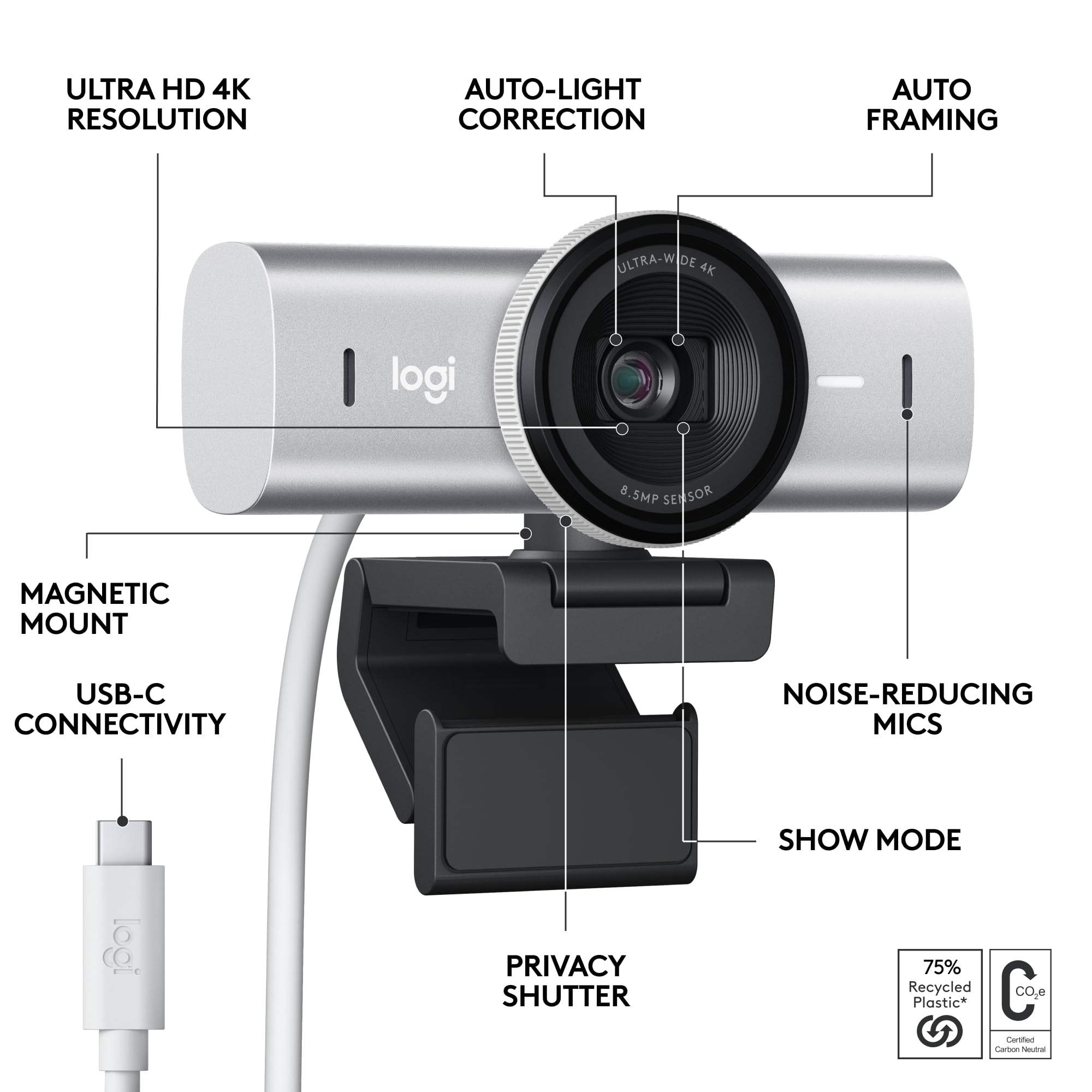 Logitech MX Brio 4K Ultra HD Webcam with Dual Noise-Reducing Mics - 1080p 60FPS Streaming Webcam for Zoom, Microsoft Teams & Google Meet - USB-C Webcam with Privacy Cover & Show Mode - Perfect for Home Office, Video Conferencing & Live Streaming (Pale Grey)