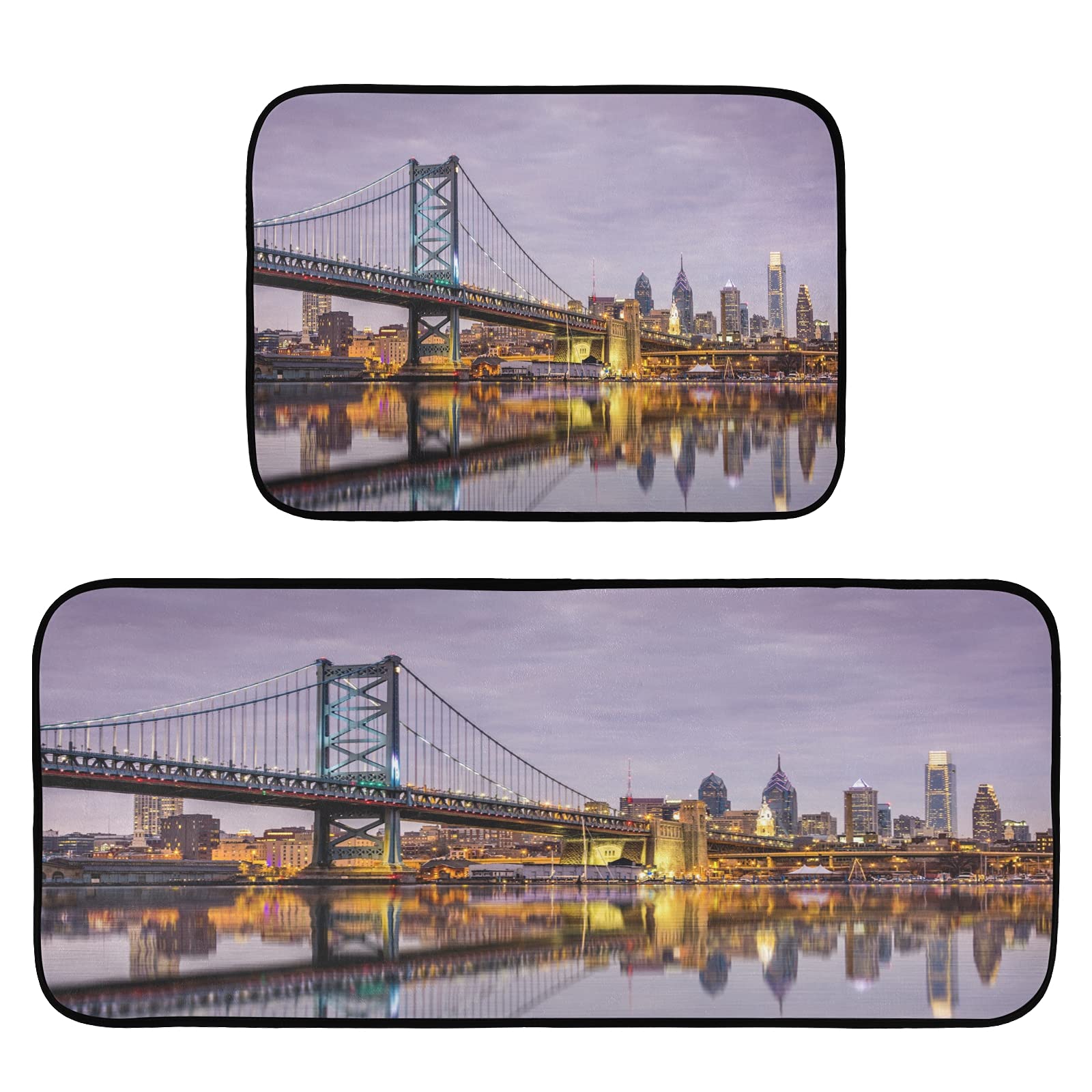 2-Piece Non-Slip Kitchen Rug Set with Anti-Skid Backing - Ben Franklin Bridge Design (19.7