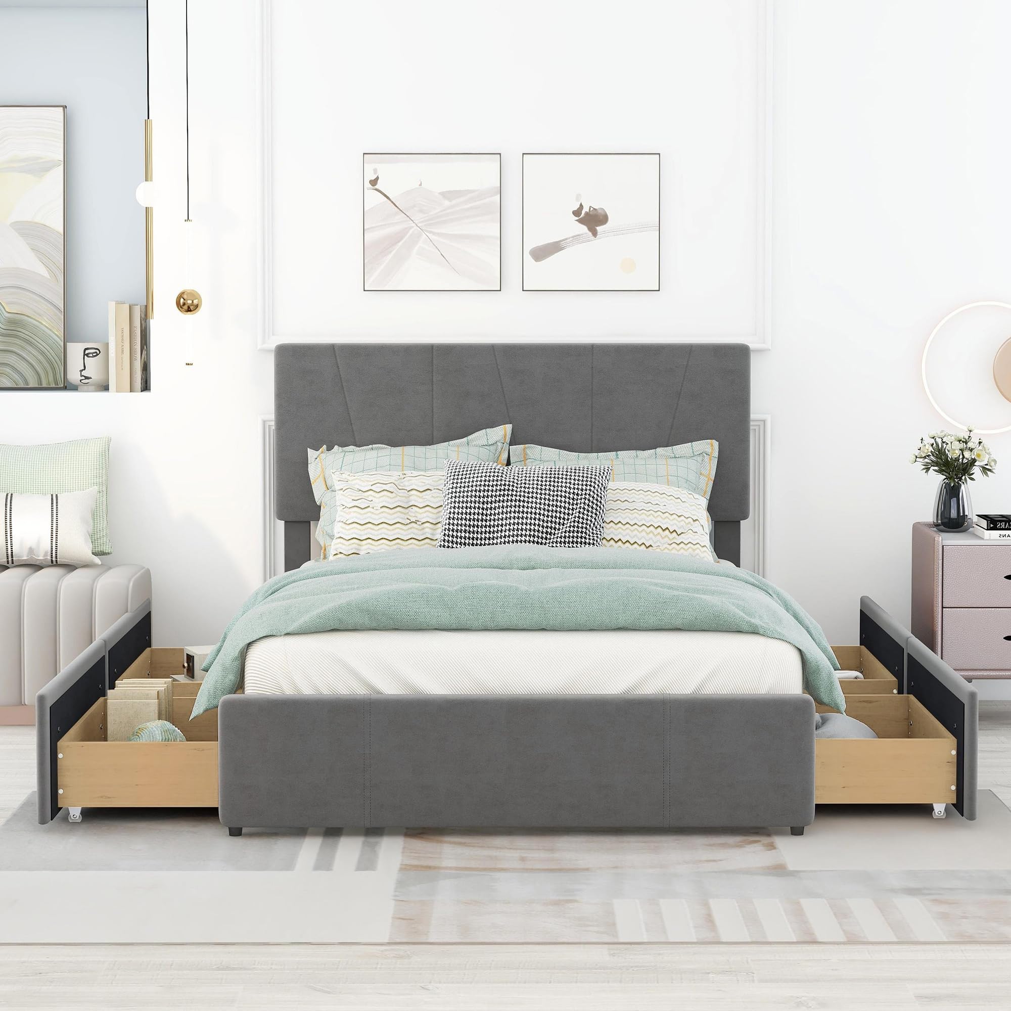 Polibi Full Size Velvet Upholstered Platform Bed with 4 Storage Drawers & Adjustable Headboard - No Box Spring Needed, Grey - Perfect for Small Bedrooms & Modern Apartments