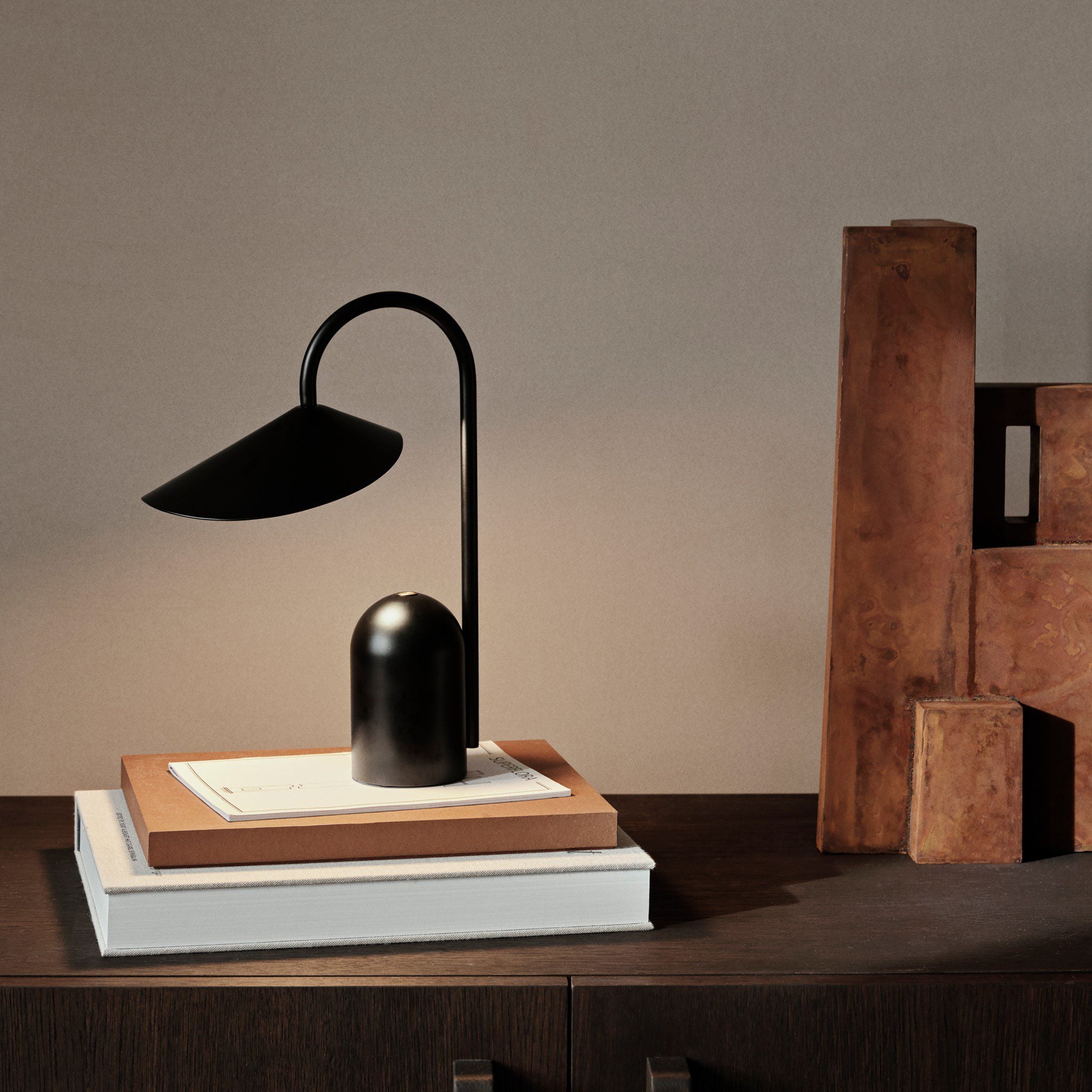 FERM LIVING Arum Portable LED Lamp - Black Rechargeable Battery Operated Light for Bedroom, Outdoor Camping & Travel
