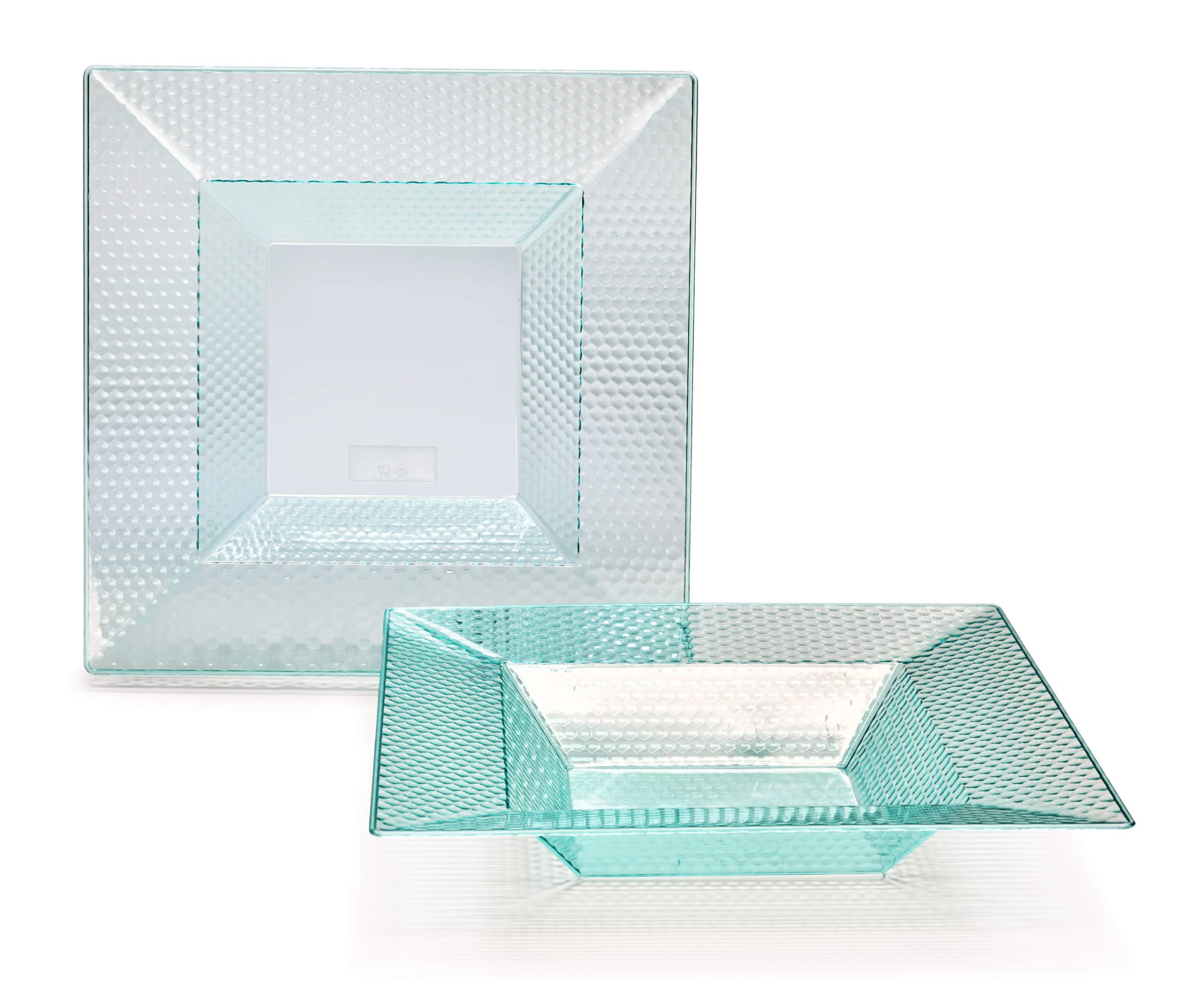 240 Pack Heavyweight Disposable Plastic Bowls - 12oz Square Soup Bowls for Wedding, Party & Events - Clear/Turquoise - Perfect for Catering, Picnics & Large Gatherings