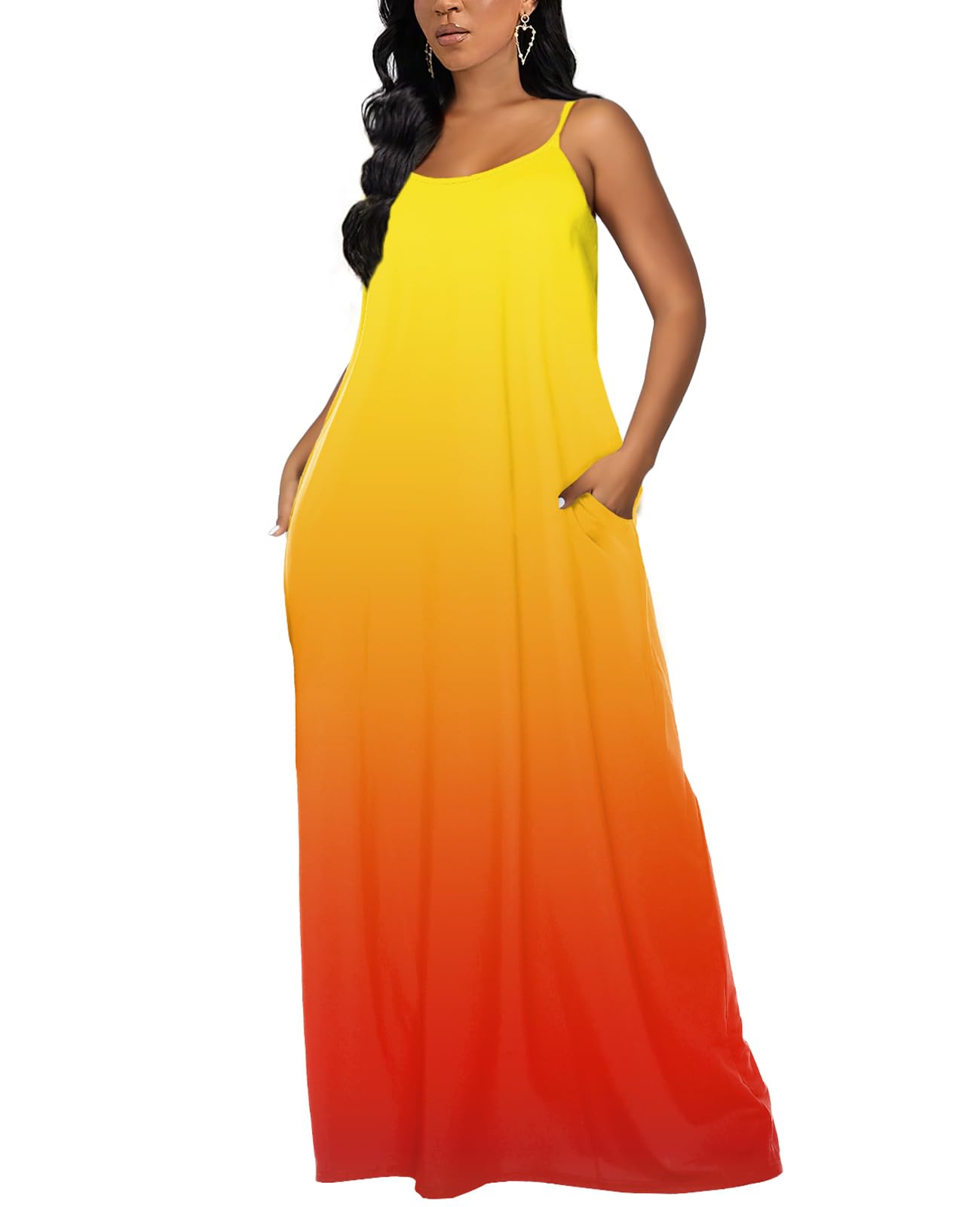 OFEEFAN Women's Summer Maxi Dress - Spaghetti Strap Flowy Long Dress with Pockets | Beach Cover Up, Vacation Outfit, Casual Sundress