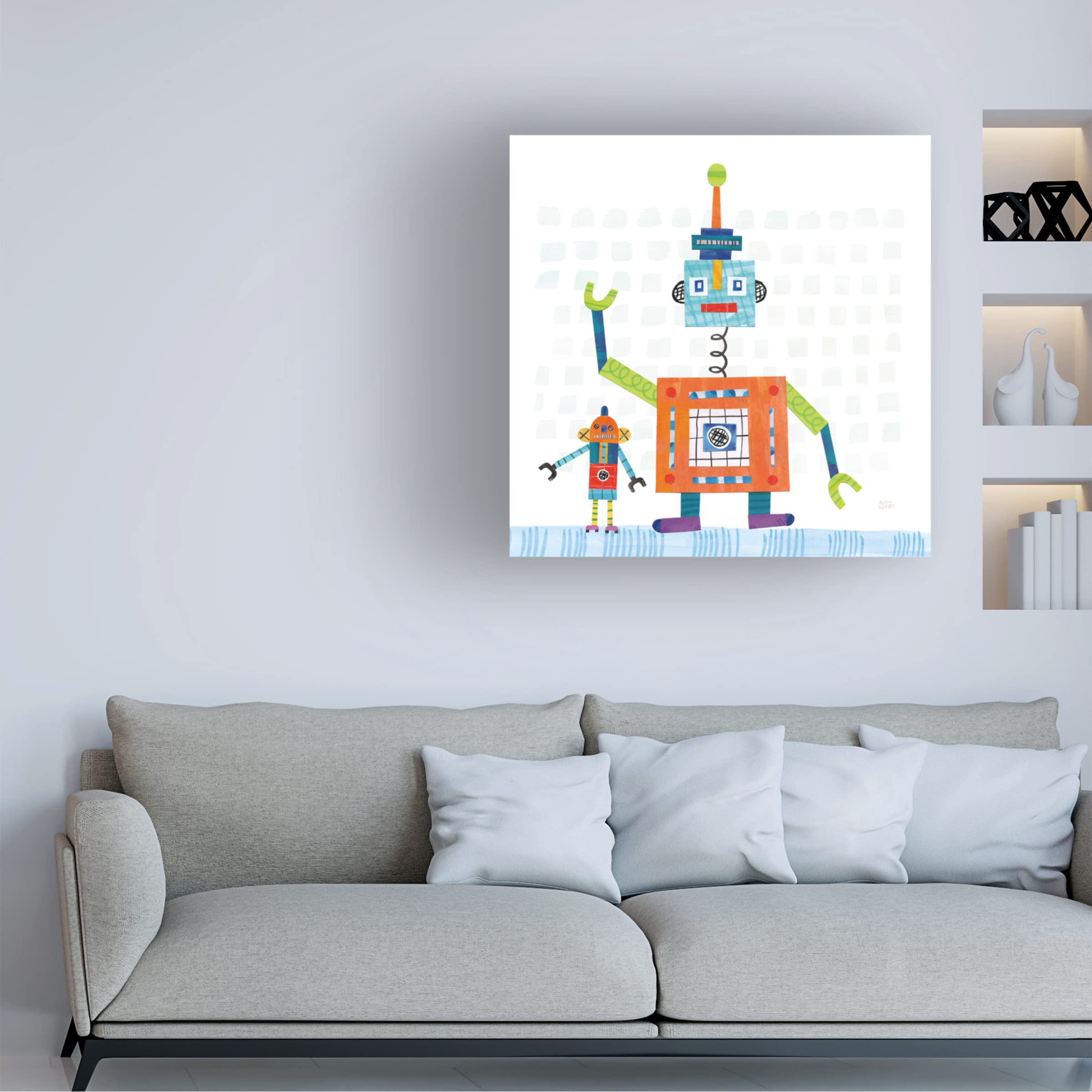 Trademark Fine Art 'Robot Party III on Square Toys' Canvas Wall Art by Melissa Averinos - Perfect for Kids' Rooms, Playrooms & Modern Home Decor