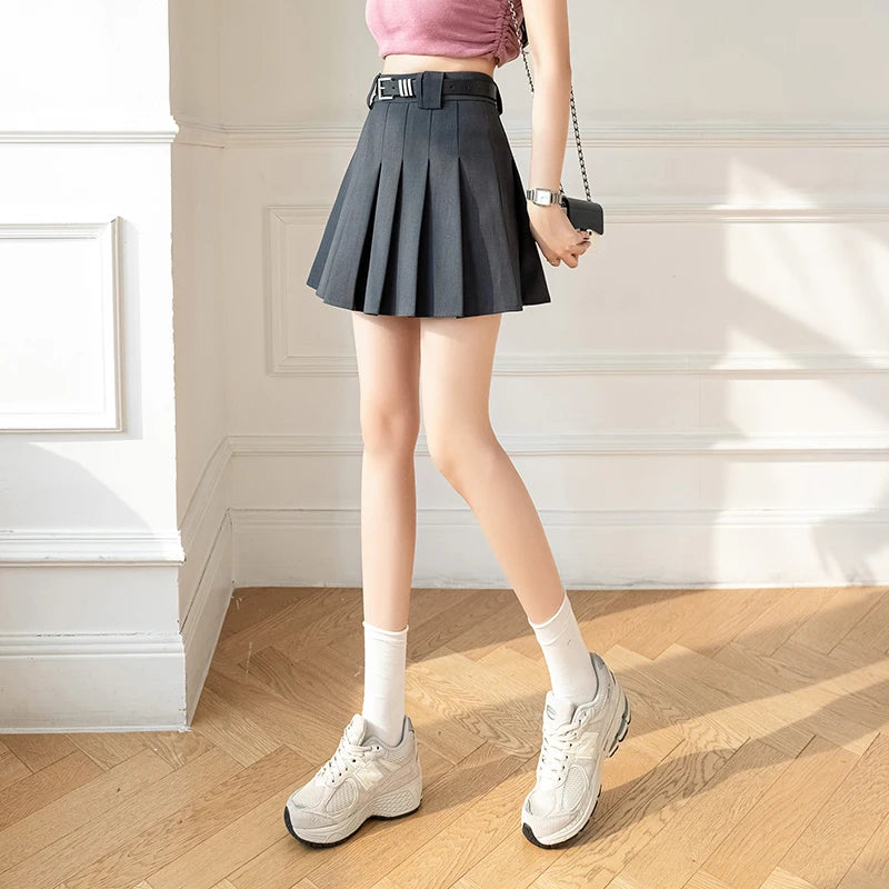 Stylish Black Pleated High Waist Mini Skirt for Women - Summer A-Line Slim Fit Belted Skirt in Grey & Khaki | Perfect for Casual Outings, Date Nights & Office Wear