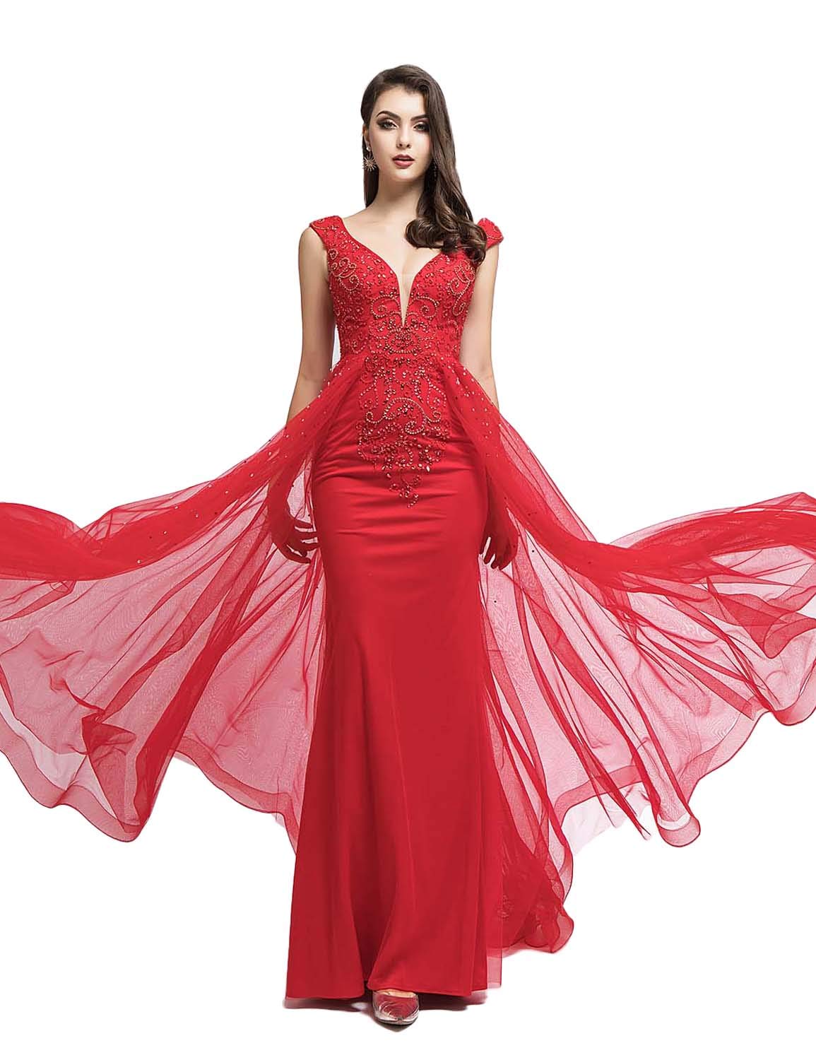 Elegant Red Beaded Mermaid Evening Gown for Women - Formal Party Dress with Long Train | Perfect for Prom, Wedding Guest, Cocktail & Black Tie Events