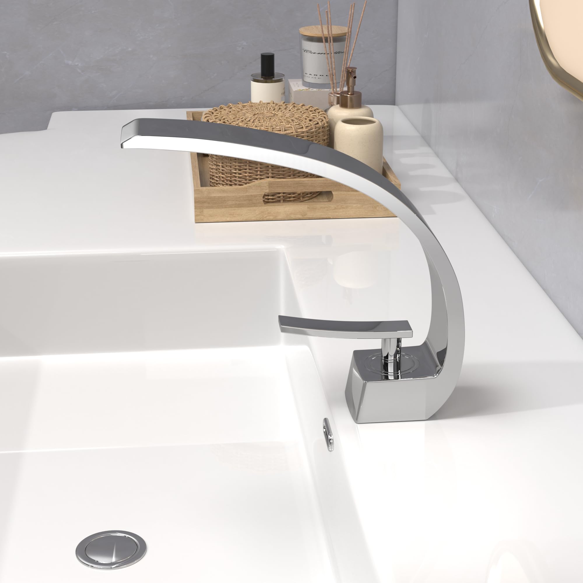 Modern Single Hole Bathroom Sink Faucet - 1-Handle Chrome Solid Brass Lavatory Faucet with Curved Spout - Perfect for Small Bathrooms, Powder Rooms & Vanities