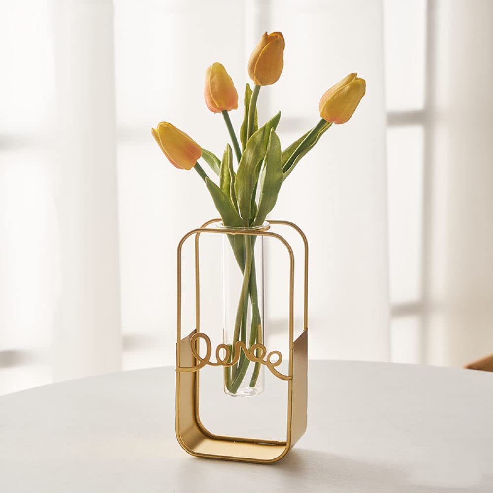 HUANSUN Nordic Style Metal and Glass Flower Vase - Modern Transparent Hydroponic Vase for Home Decor, Living Room, Dining Table, Office Desk | Perfect for Fresh Flowers, Plants, and Decorative Centerpieces