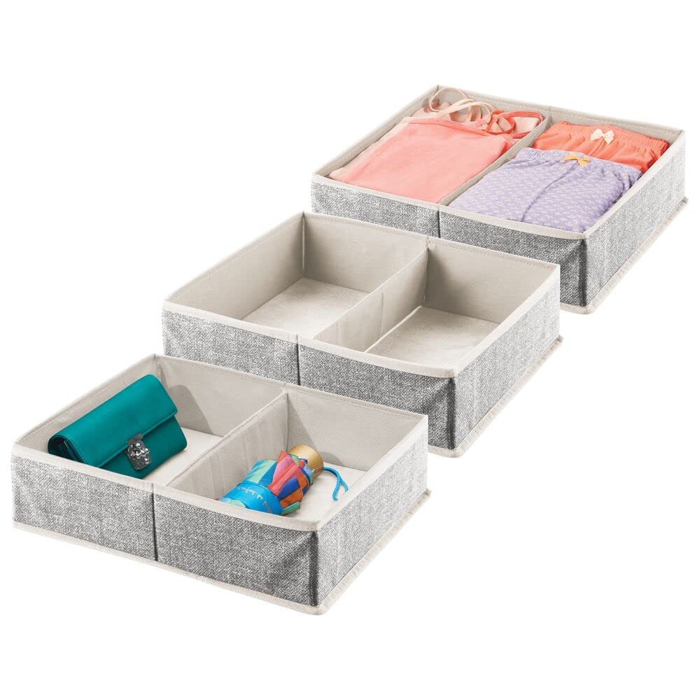mDesign Soft Fabric Dresser Drawer Organizer - 2 Section Divided Storage Bin for Lingerie, Bras, Socks & Clothes - Textured Print Closet Organizer Tray (3 Pack, Charcoal Gray) - Perfect for Bedroom, Closet & Dresser Organization