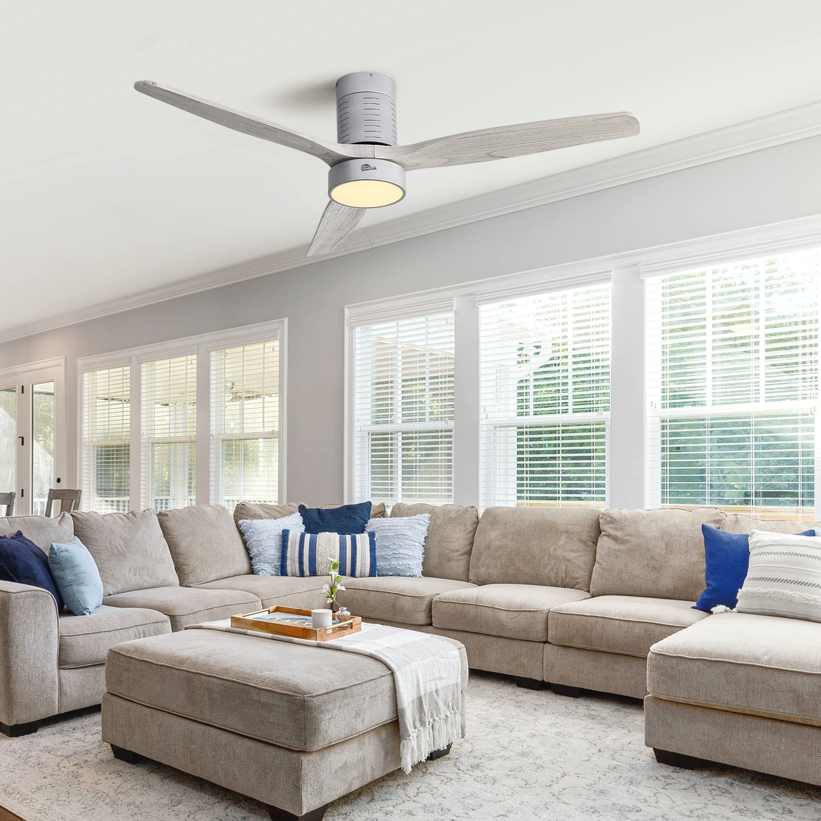 Sofucor 52-Inch Low Profile Ceiling Fan with Lights - Flush Mount Modern Wood Ceiling Fan with Remote Control, 3 Reversible Solid Wood Blades, Noiseless DC Motor - Perfect for Bedroom, Living Room & Office