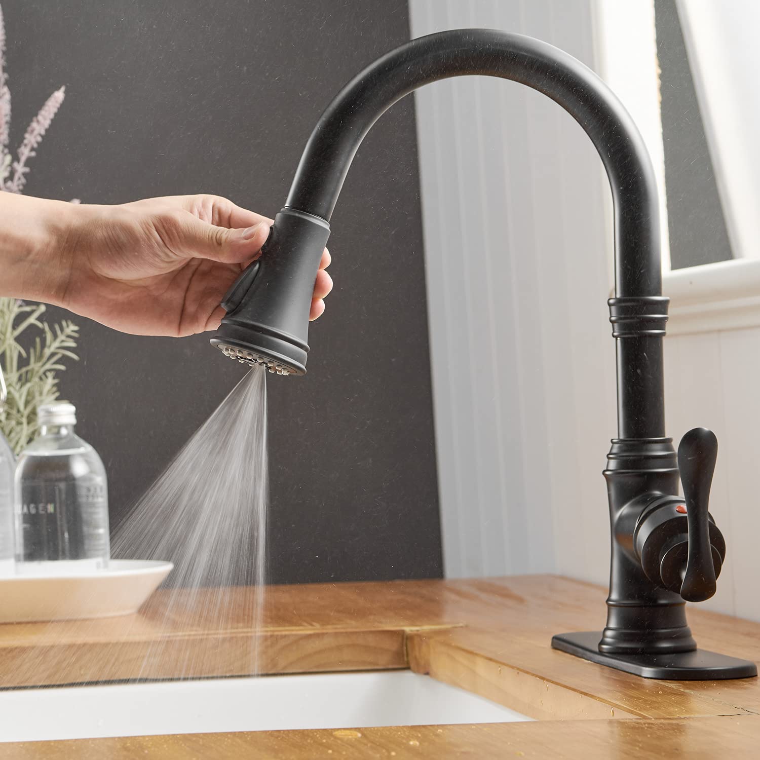 Matte Black Kitchen Faucet with Pull Down Sprayer - High Arc Single Handle for Sink & RV Use