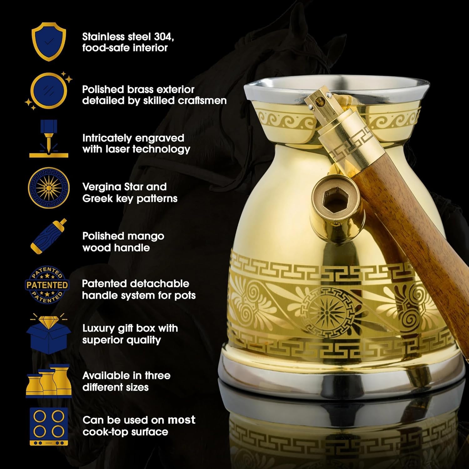 Premium NIKPAR Greek Coffee Pot - Macedonian Collection Turkish Arabic Cezve with Detachable Handle, Laser Engraved Briki, 16oz Medium Size for Authentic Brewing | Perfect for Home Coffee Making, Gift Giving & Traditional Mediterranean Coffee Ceremonies