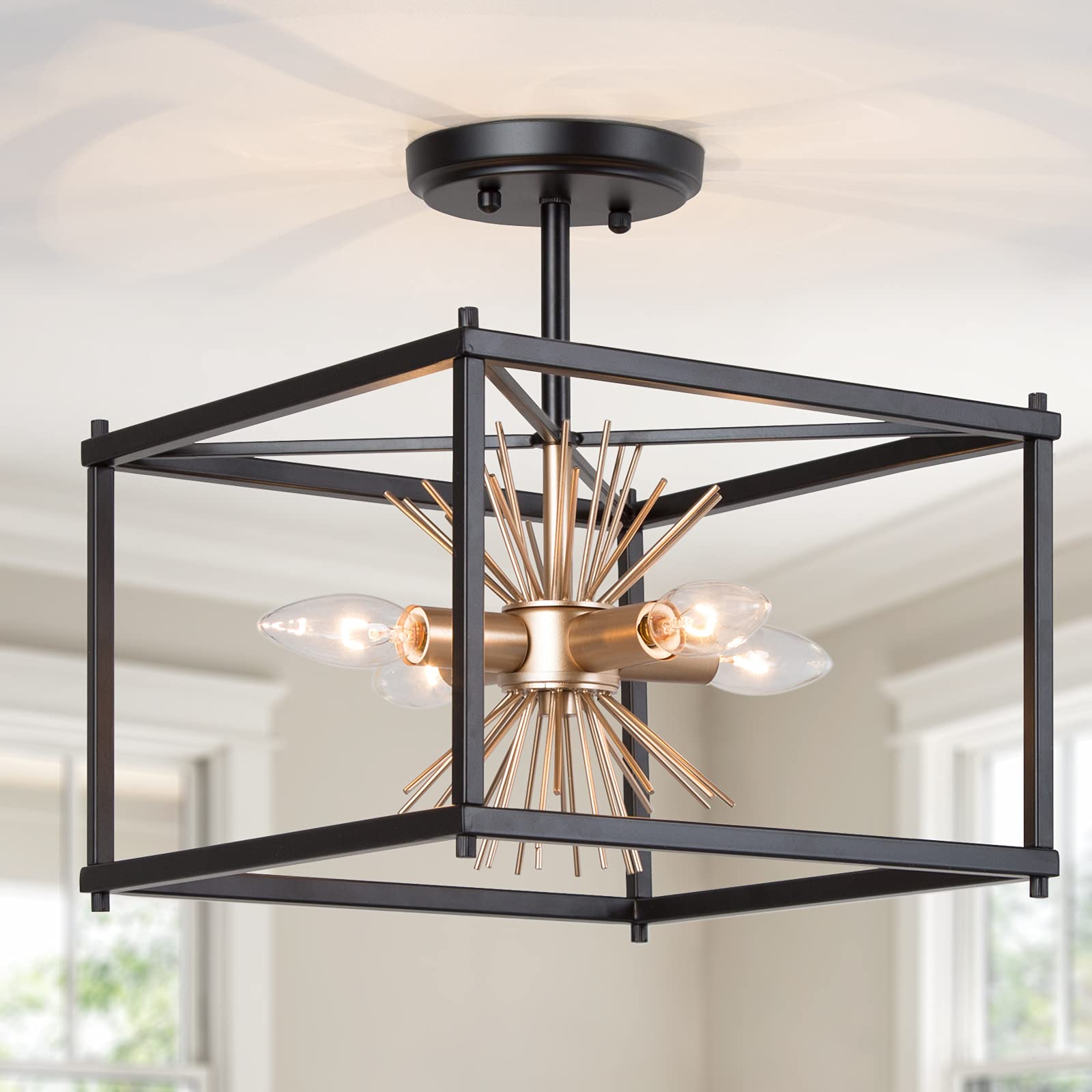 Optimant Modern Semi Flush Mount Ceiling Light Fixture - 4-Light Black Ceiling Lamp with Gold Starburst Design for Hallway, Bedroom, Kitchen, Dining Room & Foyer | Energy-Efficient LED Lighting for Home & Office Decor