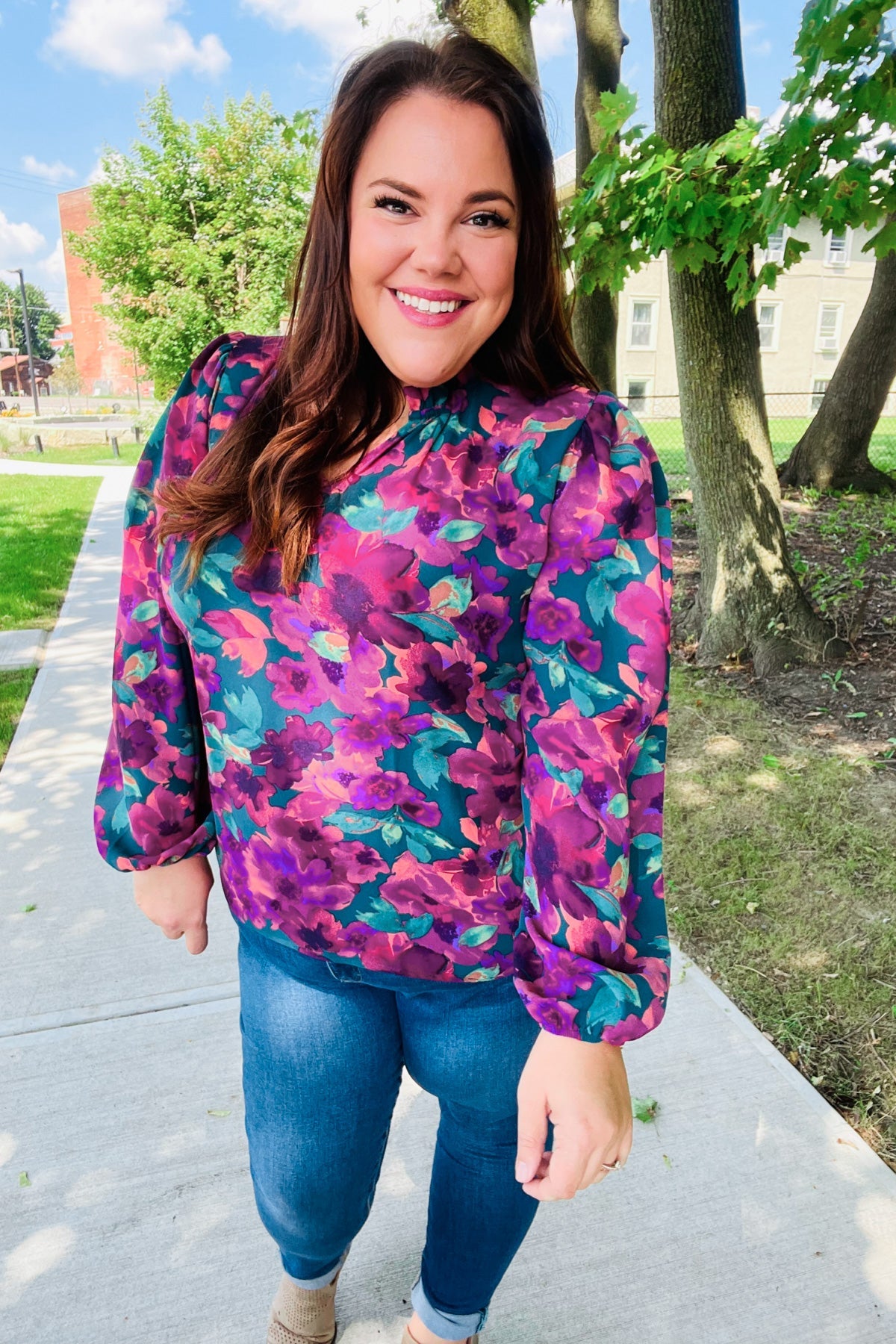 Stylish Hunter Green Watercolor Floral Print Notch Neck Blouse - Elegant Women's Tops for Casual Wear, Office Outfits & Spring Fashion